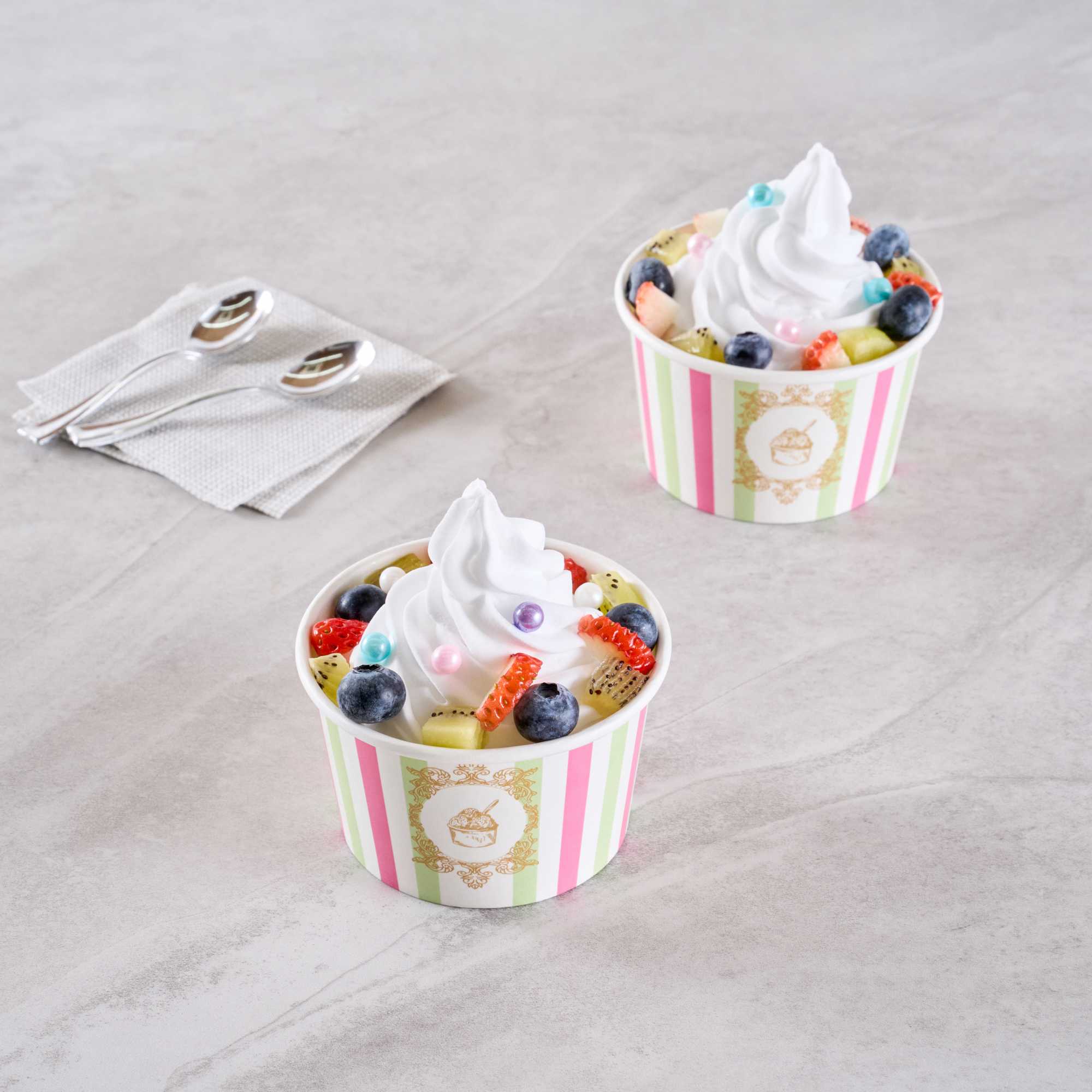 Coppetta 8 oz Round Green And Pink Stripe Paper To Go Cup - 3 3/4" x 3 3/4" x 2 1/4" - 50 count box