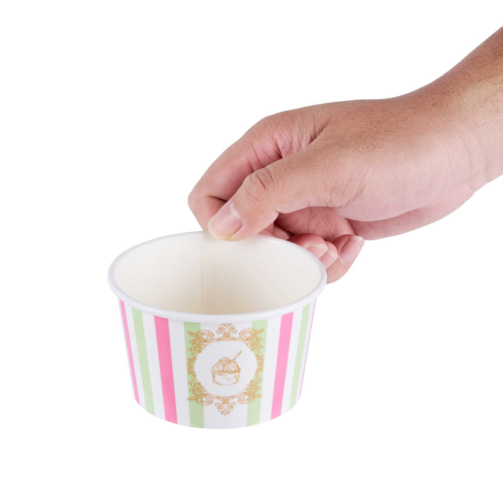 Coppetta 8 oz Round Green And Pink Stripe Paper To Go Cup - 3 3/4" x 3 3/4" x 2 1/4" - 50 count box