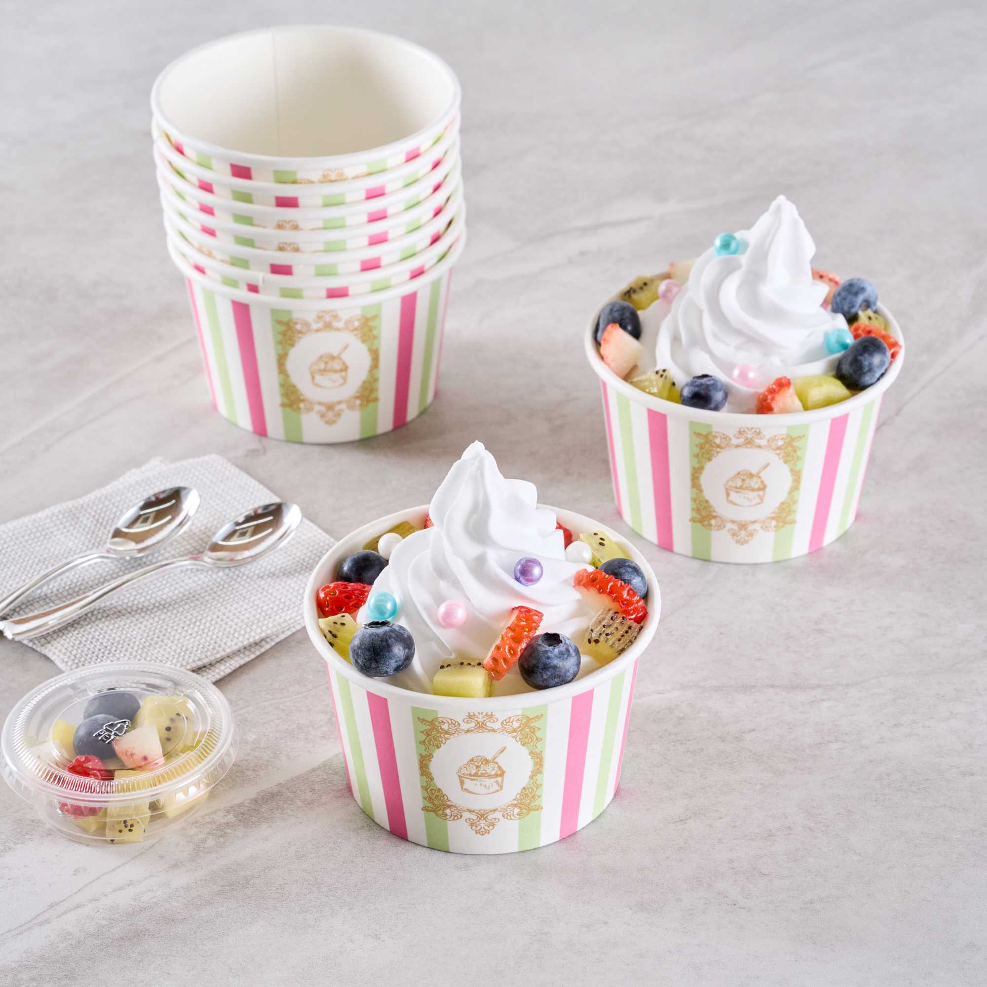 Coppetta 8 oz Round Green And Pink Stripe Paper To Go Cup - 3 3/4" x 3 3/4" x 2 1/4" - 50 count box