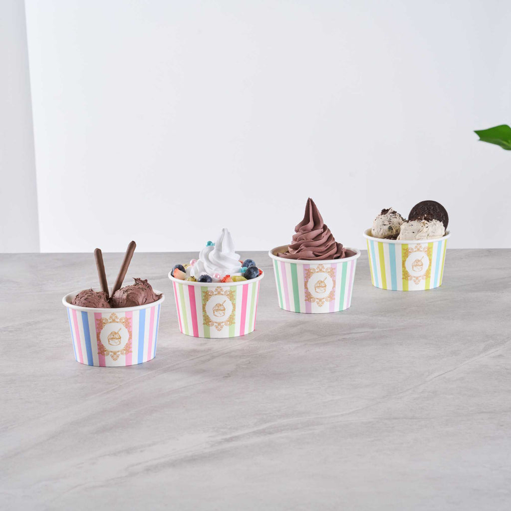 Coppetta 8 oz Round Green And Pink Stripe Paper To Go Cup - 3 3/4" x 3 3/4" x 2 1/4" - 50 count box