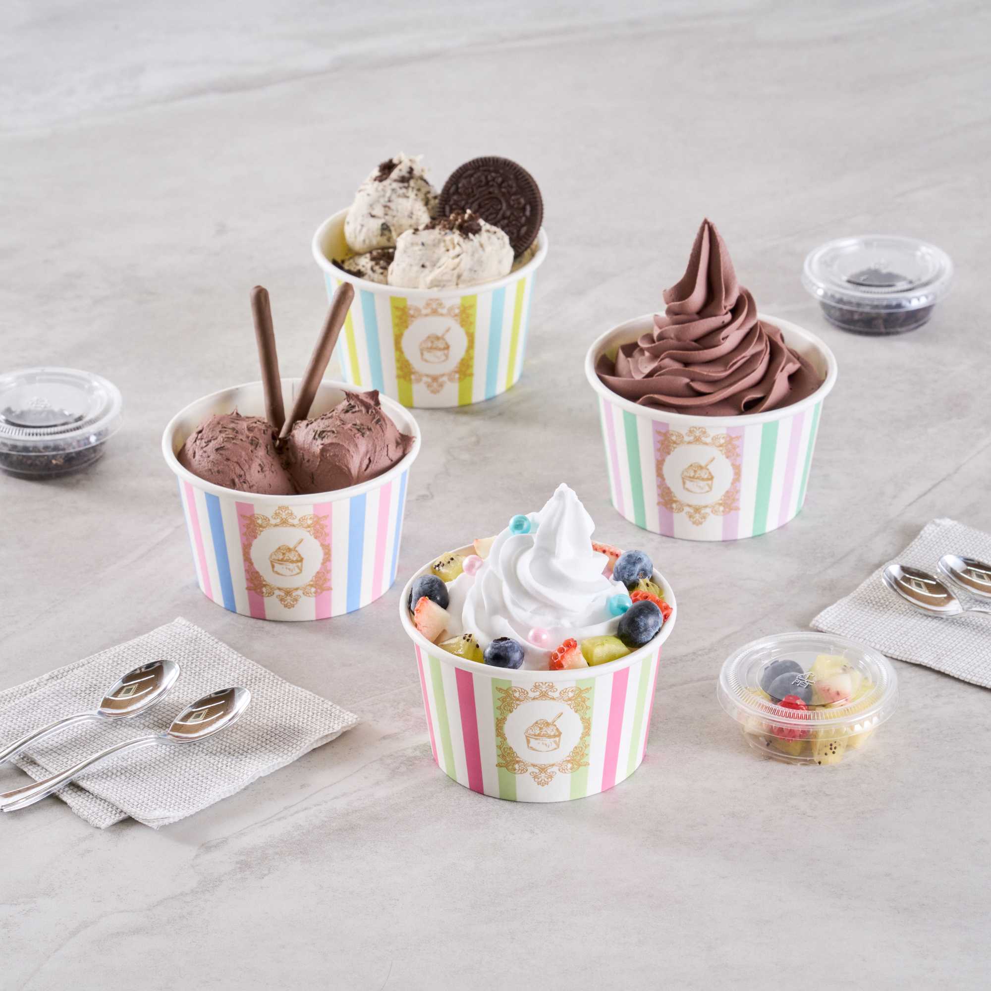 Coppetta 8 oz Round Green And Pink Stripe Paper To Go Cup - 3 3/4" x 3 3/4" x 2 1/4" - 50 count box