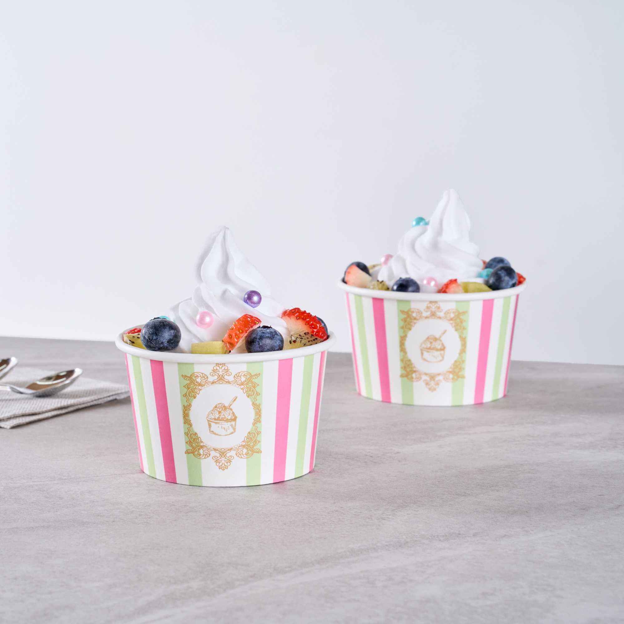 Coppetta 8 oz Round Green And Pink Stripe Paper To Go Cup - 3 3/4" x 3 3/4" x 2 1/4" - 50 count box