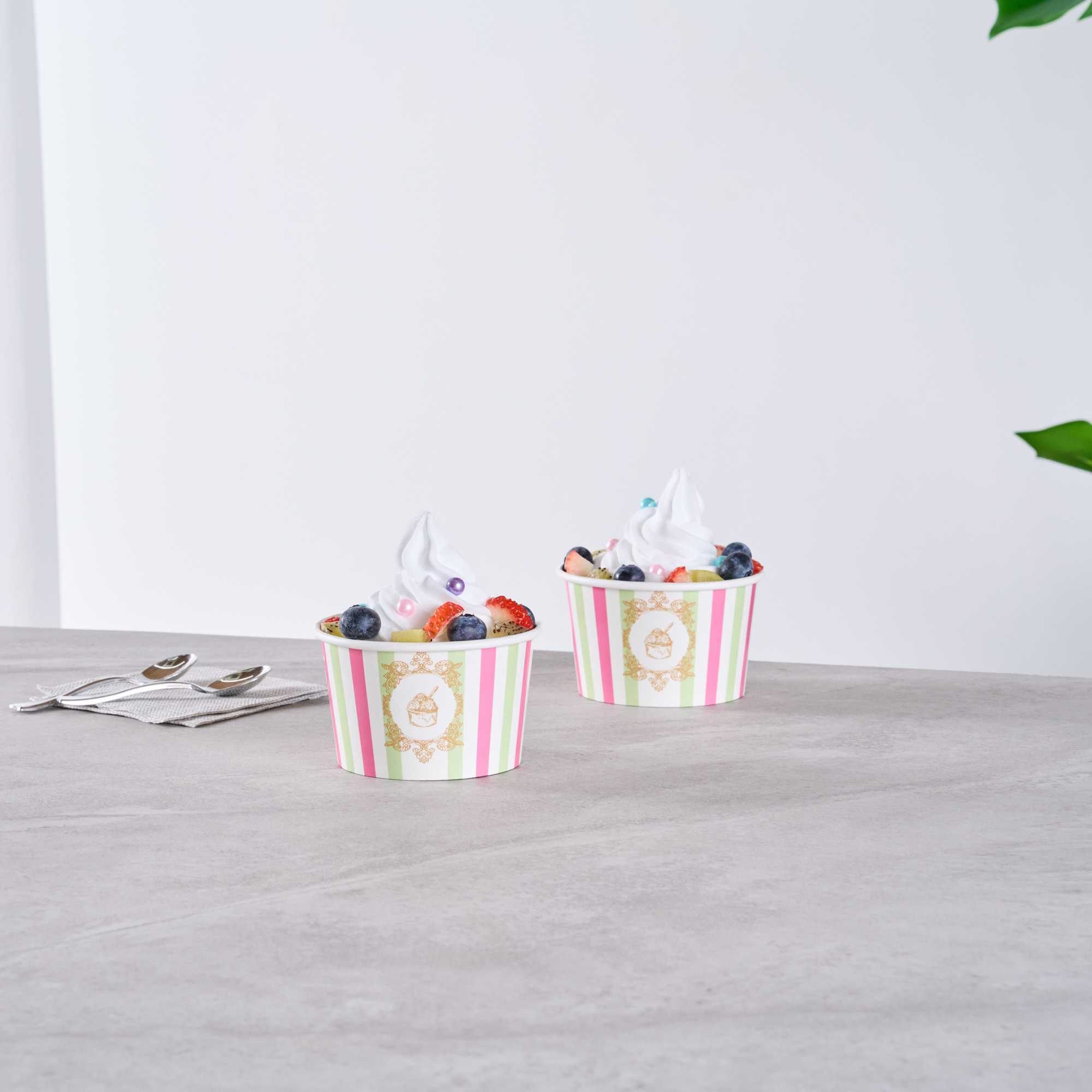Coppetta 8 oz Round Green And Pink Stripe Paper To Go Cup - 3 3/4" x 3 3/4" x 2 1/4" - 50 count box