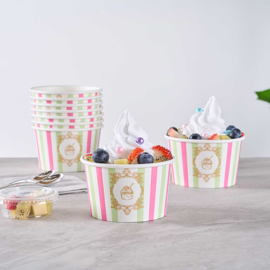 Coppetta 8 oz Round Green And Pink Stripe Paper To Go Cup - 3 3/4" x 3 3/4" x 2 1/4" - 50 count box