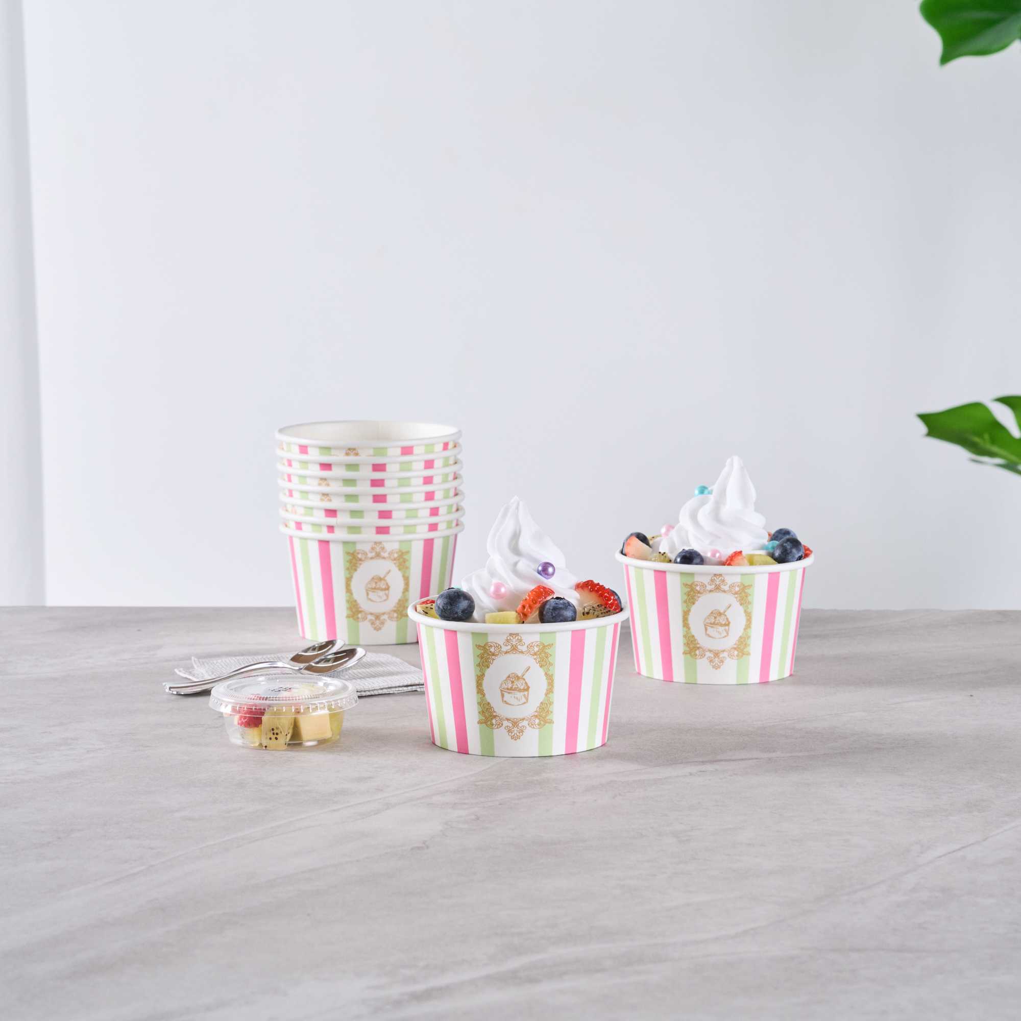 Coppetta 8 oz Round Green And Pink Stripe Paper To Go Cup - 3 3/4" x 3 3/4" x 2 1/4" - 50 count box