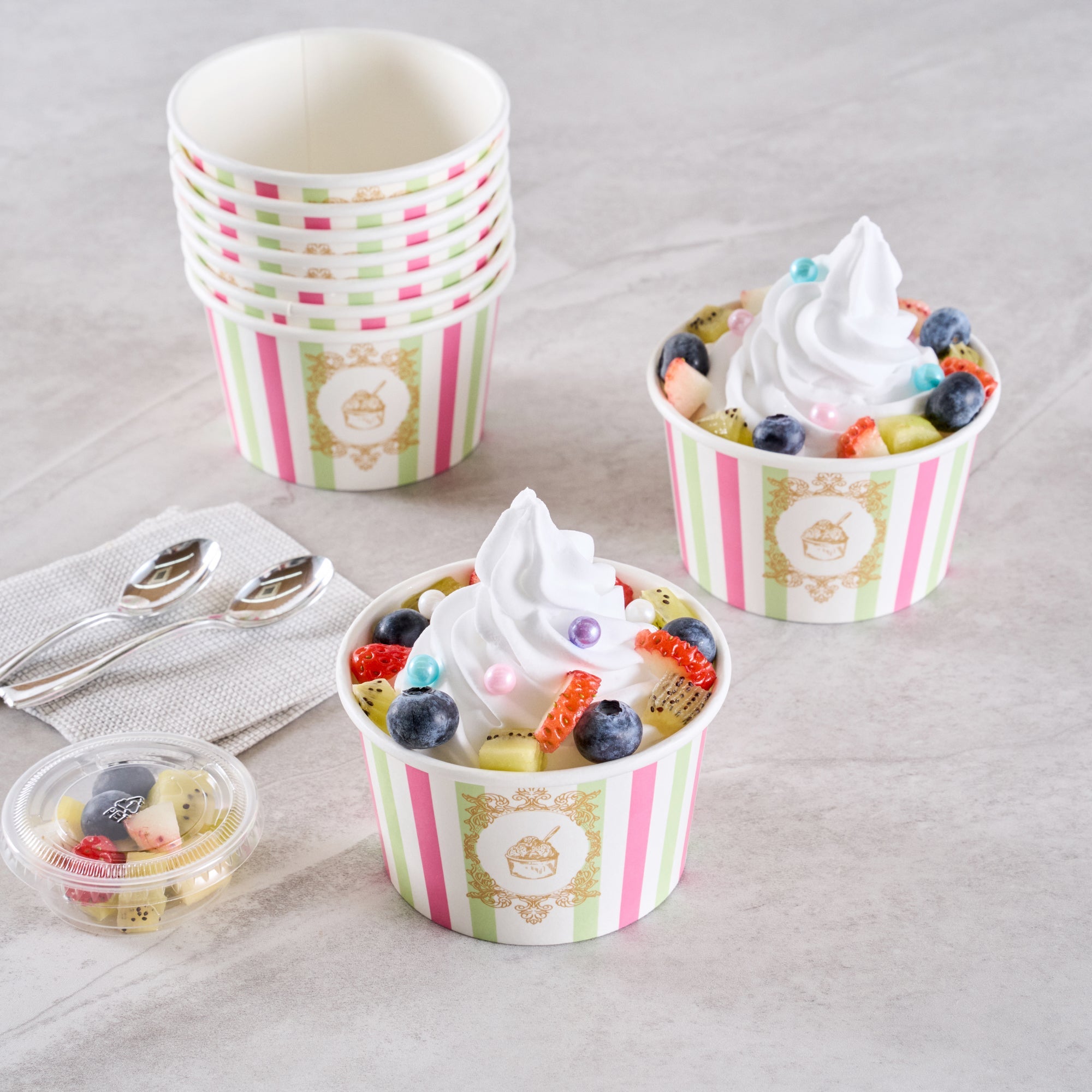 Coppetta 8 oz Round Green And Pink Stripe Paper To Go Cup - 3 3/4" x 3 3/4" x 2 1/4" - 200 count box