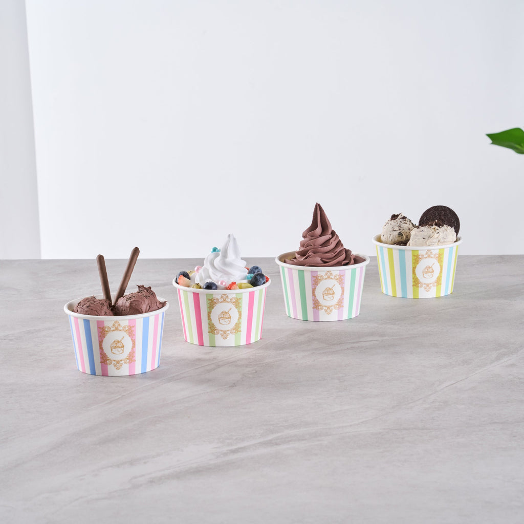 Coppetta 8 oz Round Green And Pink Stripe Paper To Go Cup - 3 3/4" x 3 3/4" x 2 1/4" - 200 count box