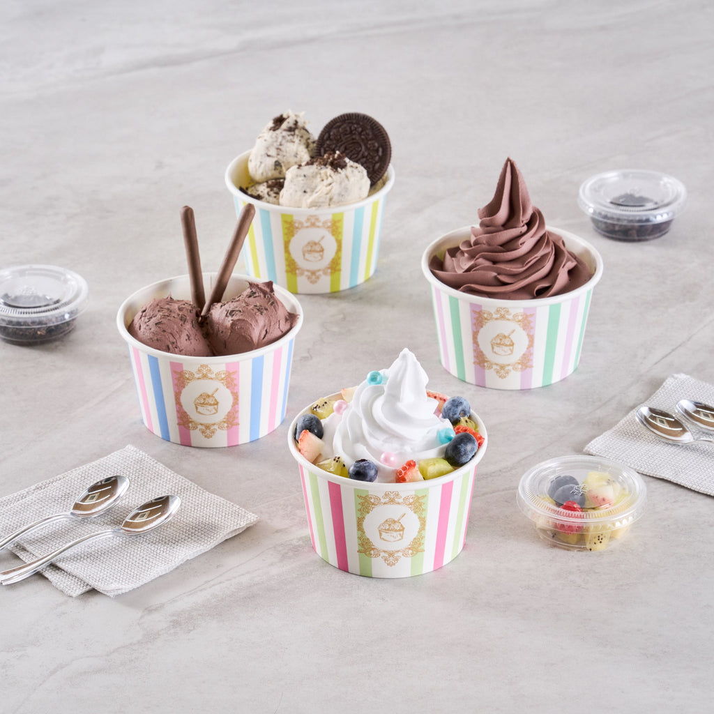 Coppetta 8 oz Round Green And Pink Stripe Paper To Go Cup - 3 3/4" x 3 3/4" x 2 1/4" - 200 count box
