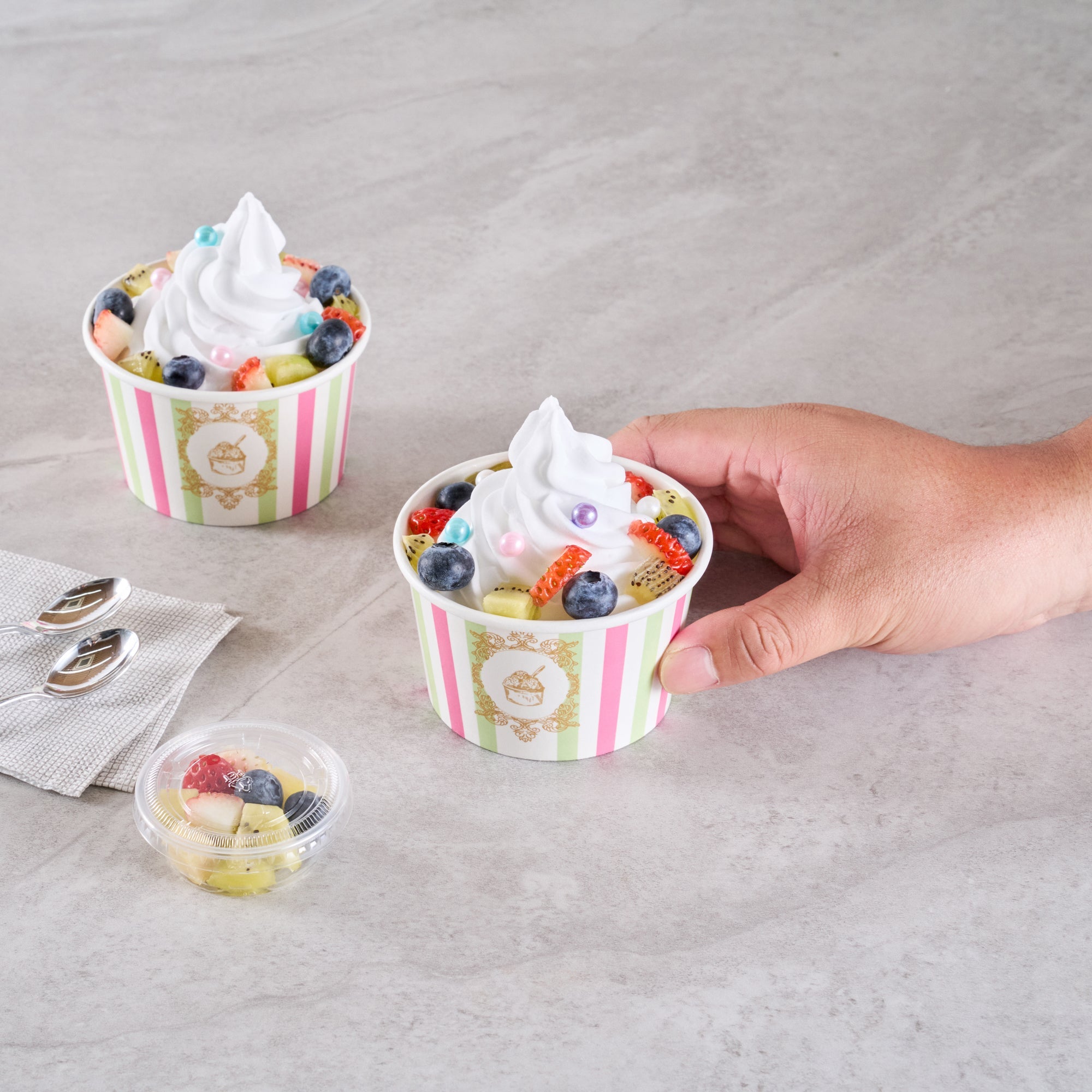 Coppetta 8 oz Round Green And Pink Stripe Paper To Go Cup - 3 3/4" x 3 3/4" x 2 1/4" - 200 count box