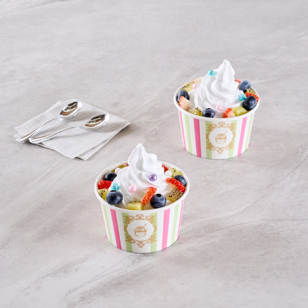 Coppetta 8 oz Round Green And Pink Stripe Paper To Go Cup - 3 3/4" x 3 3/4" x 2 1/4" - 200 count box