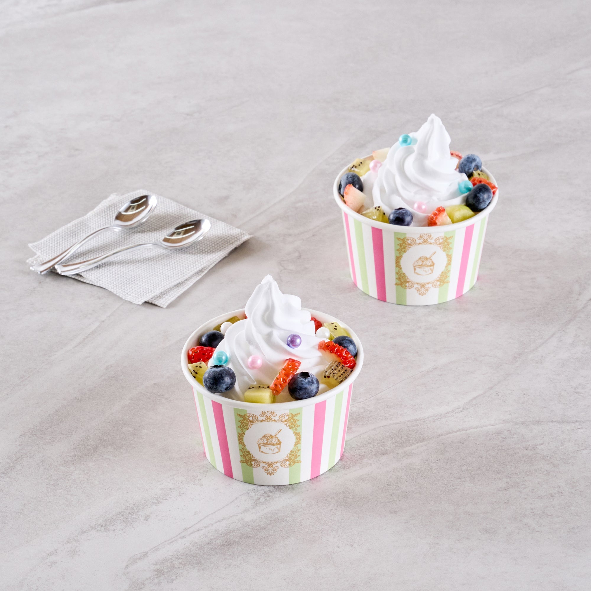 Coppetta 8 oz Round Green And Pink Stripe Paper To Go Cup - 3 3/4" x 3 3/4" x 2 1/4" - 200 count box