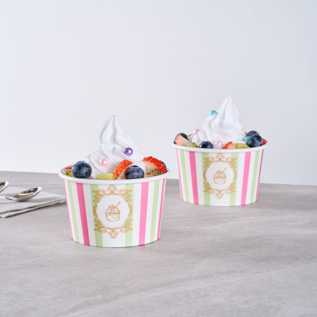 Coppetta 8 oz Round Green And Pink Stripe Paper To Go Cup - 3 3/4" x 3 3/4" x 2 1/4" - 200 count box