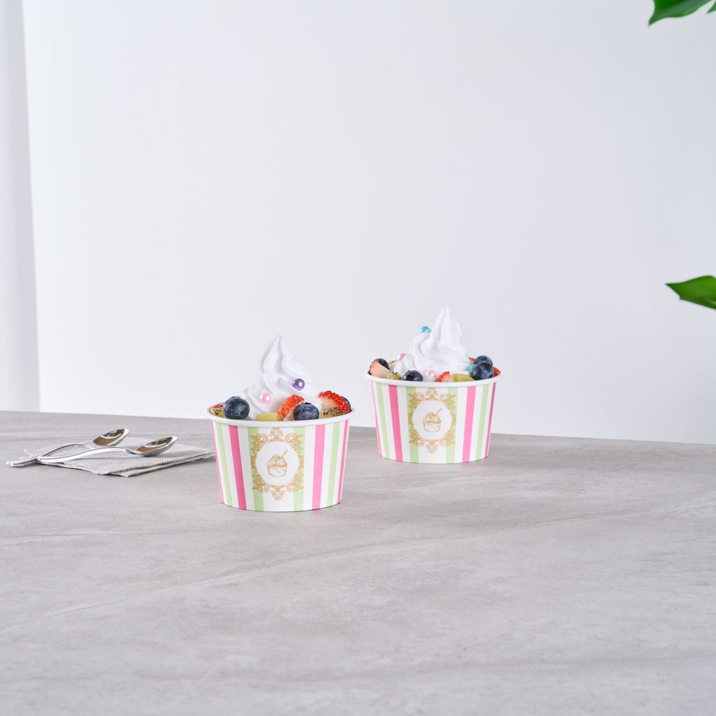 Coppetta 8 oz Round Green And Pink Stripe Paper To Go Cup - 3 3/4" x 3 3/4" x 2 1/4" - 200 count box