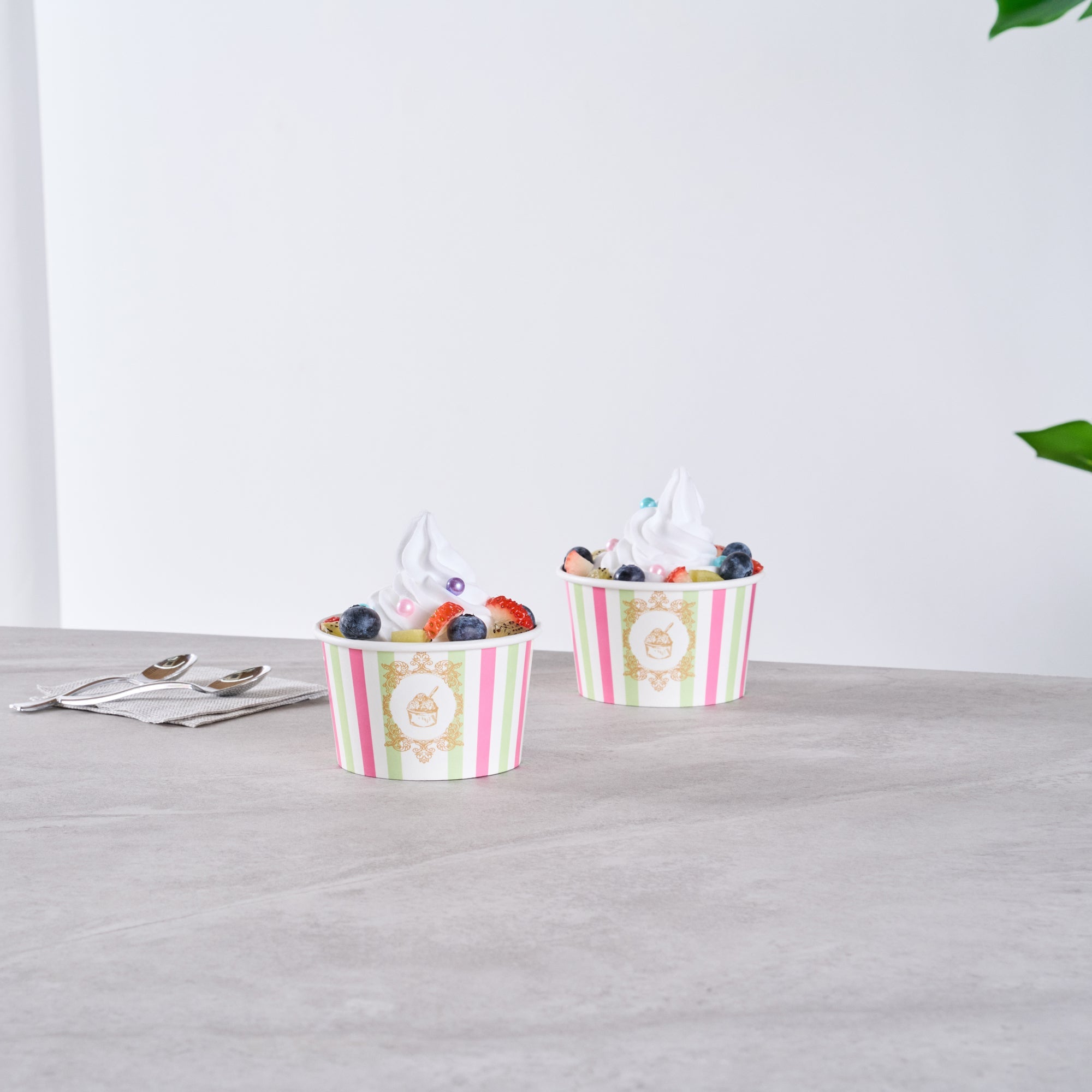 Coppetta 8 oz Round Green And Pink Stripe Paper To Go Cup - 3 3/4" x 3 3/4" x 2 1/4" - 200 count box