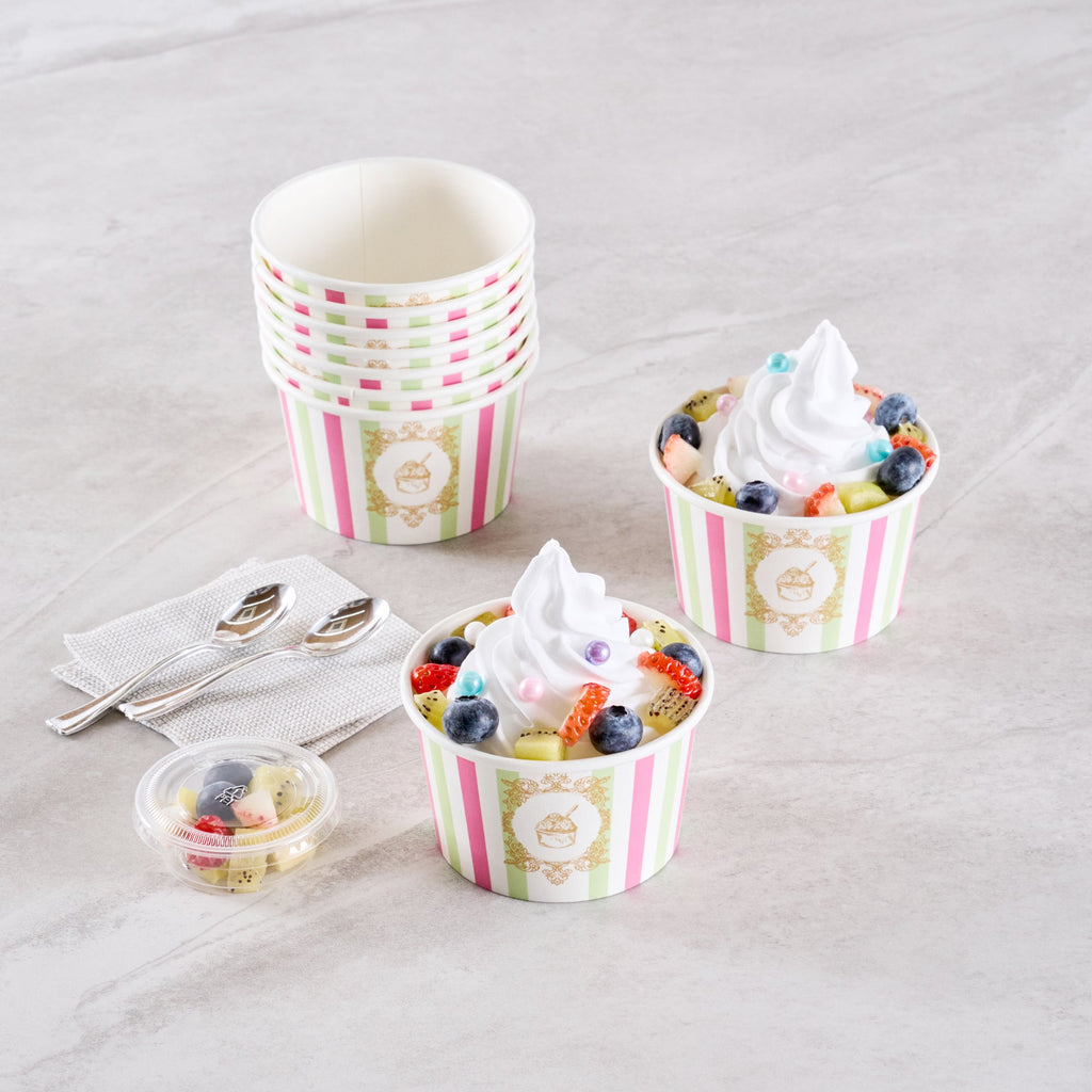 Coppetta 8 oz Round Green And Pink Stripe Paper To Go Cup - 3 3/4" x 3 3/4" x 2 1/4" - 200 count box