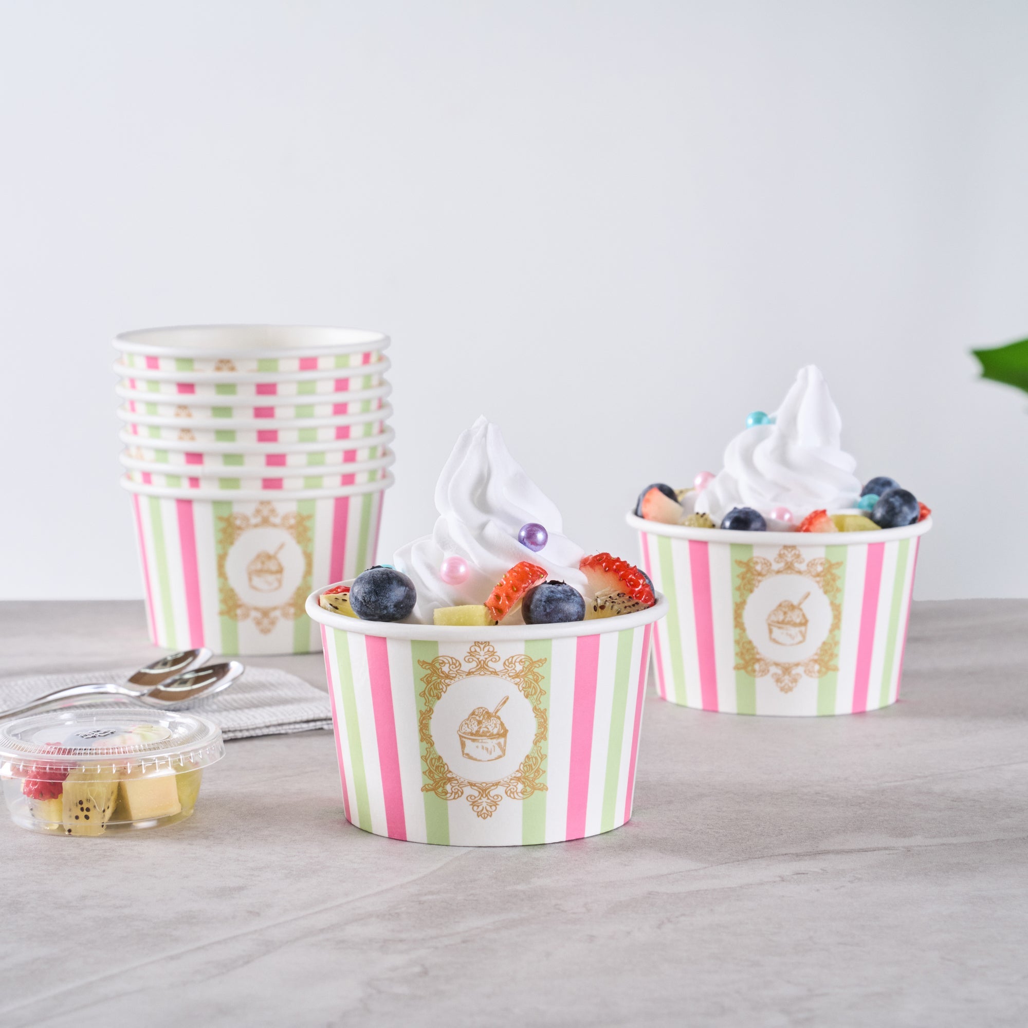 Coppetta 8 oz Round Green And Pink Stripe Paper To Go Cup - 3 3/4" x 3 3/4" x 2 1/4" - 200 count box
