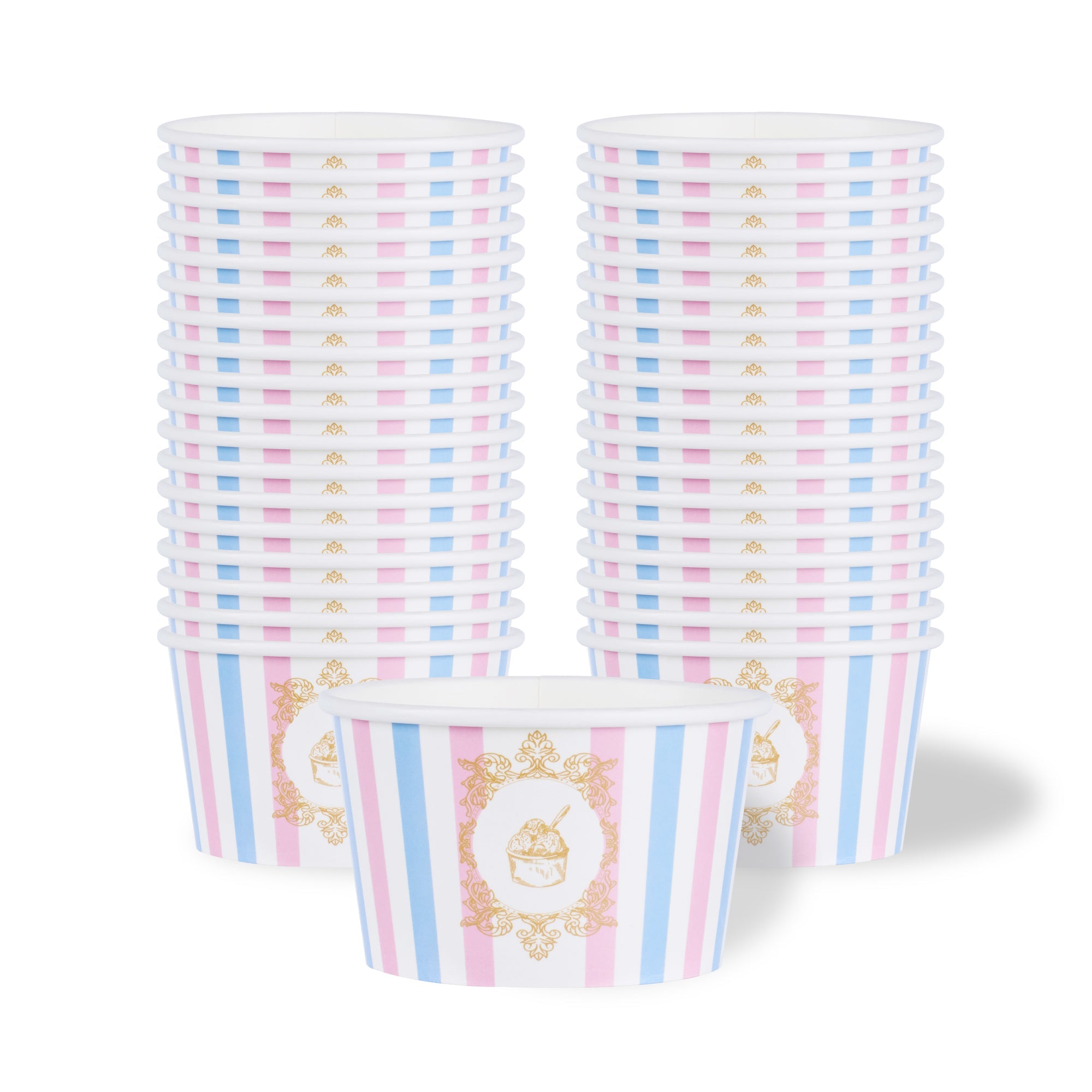 Coppetta 8 oz Round Pink And Blue Stripe Paper To Go Cup - 3 3/4" x 3 3/4" x 2 1/4" - 200 count box