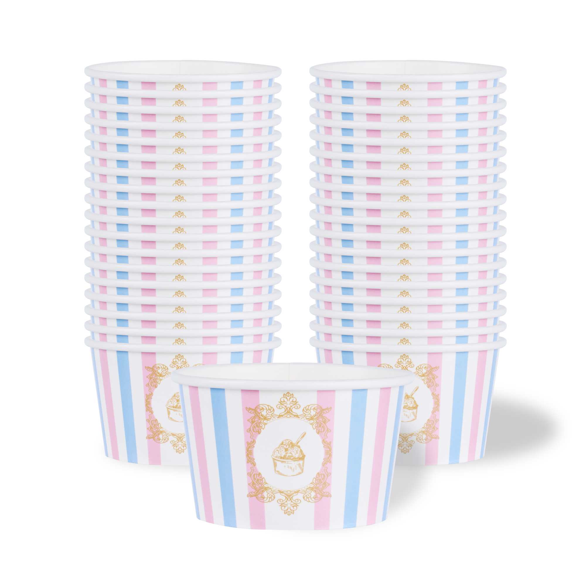 Coppetta 8 oz Round Pink And Blue Stripe Paper To Go Cup - 3 3/4" x 3 3/4" x 2 1/4" - 50 count box