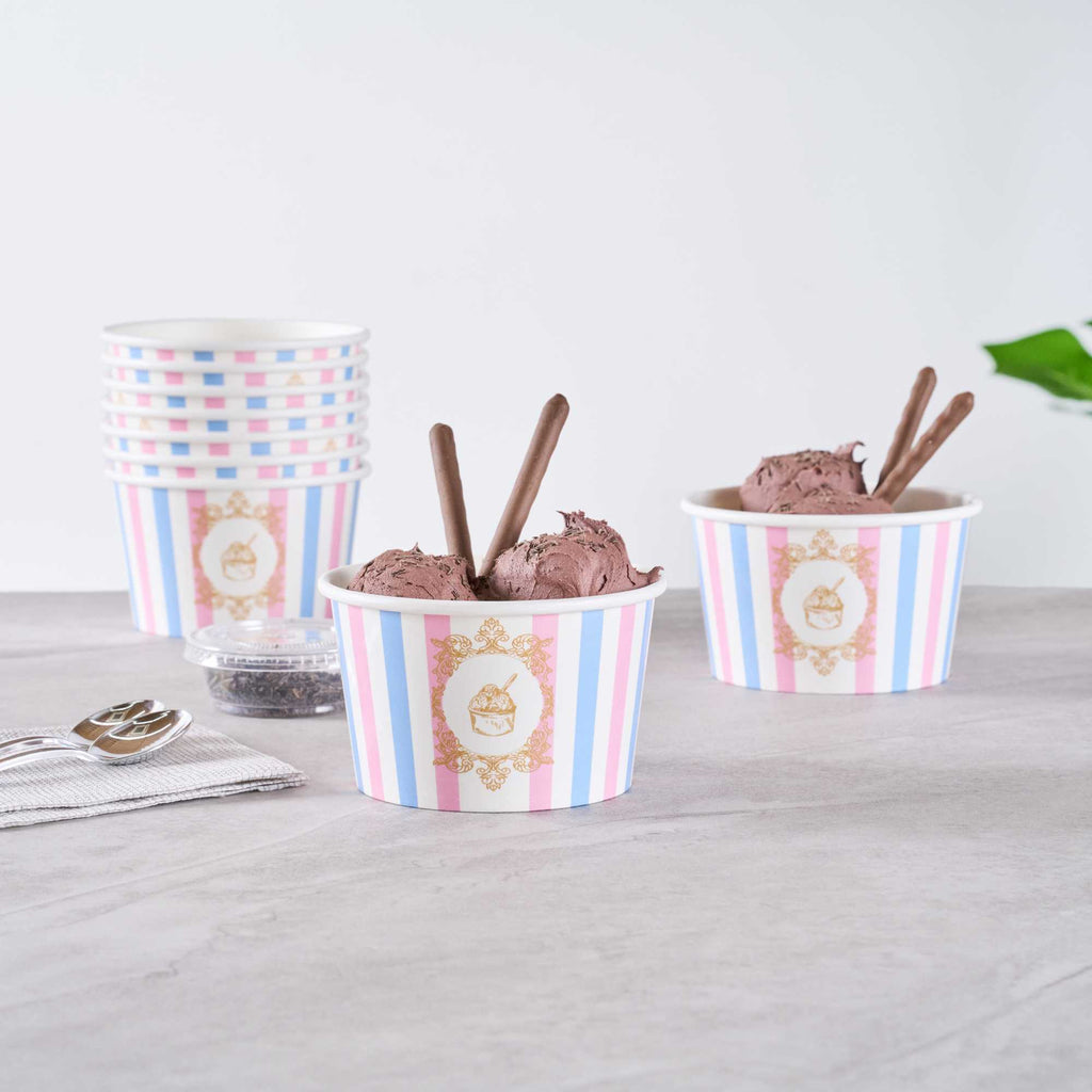 Coppetta 8 oz Round Pink And Blue Stripe Paper To Go Cup - 3 3/4" x 3 3/4" x 2 1/4" - 50 count box