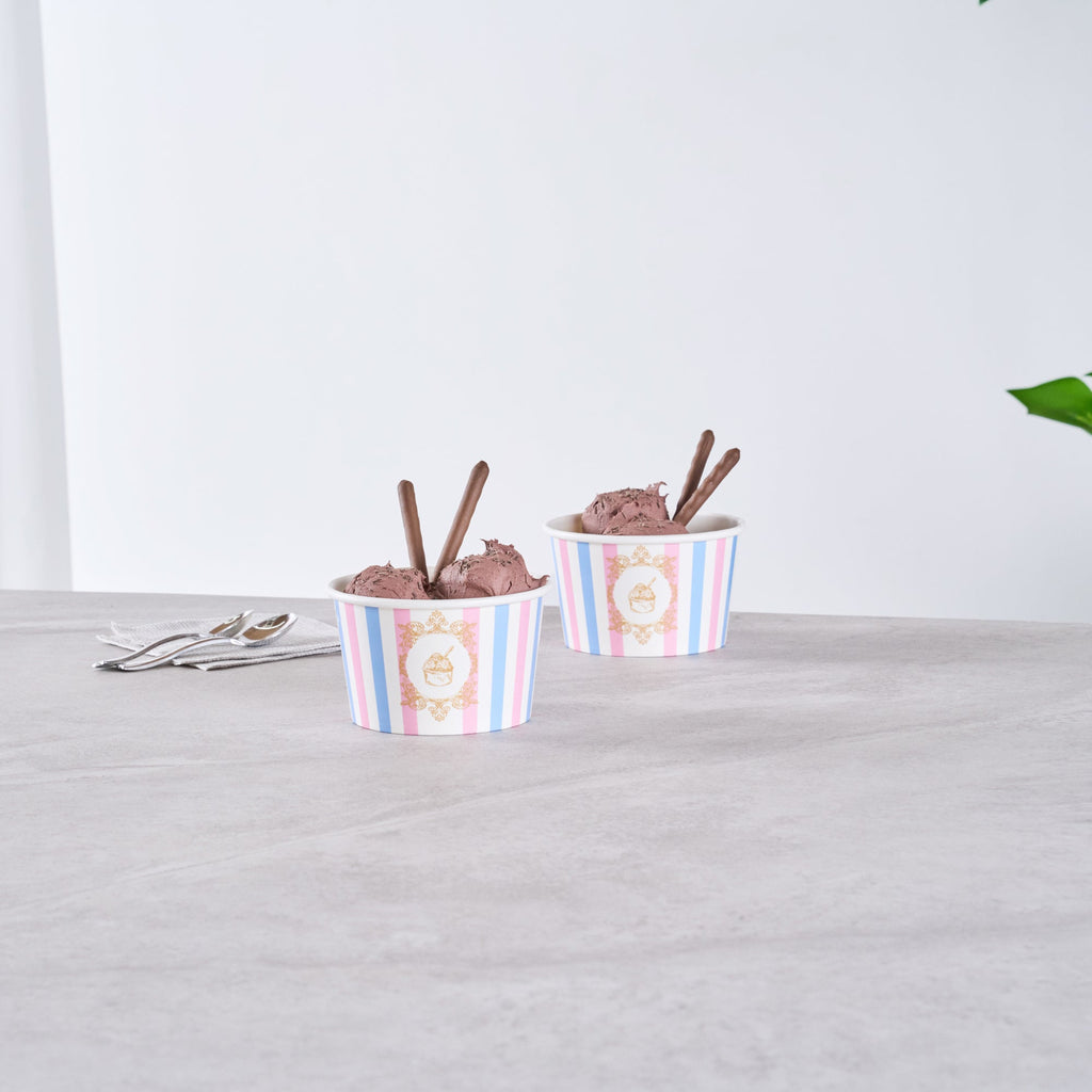 Coppetta 8 oz Round Pink And Blue Stripe Paper To Go Cup - 3 3/4" x 3 3/4" x 2 1/4" - 200 count box