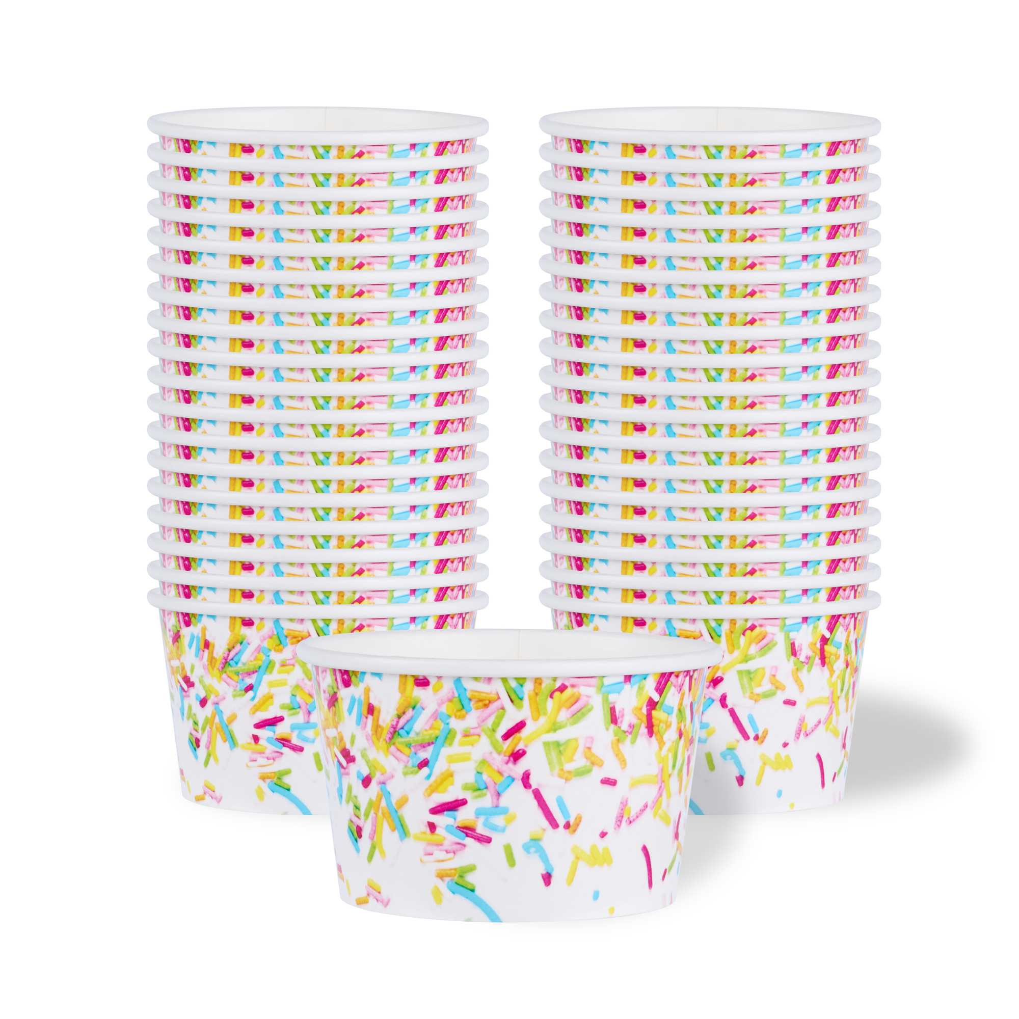 Coppetta 8 oz Round White Paper To Go Cup - with Party Sprinkles - 3 3/4" x 3 3/4" x 2 1/4" - 50 count box