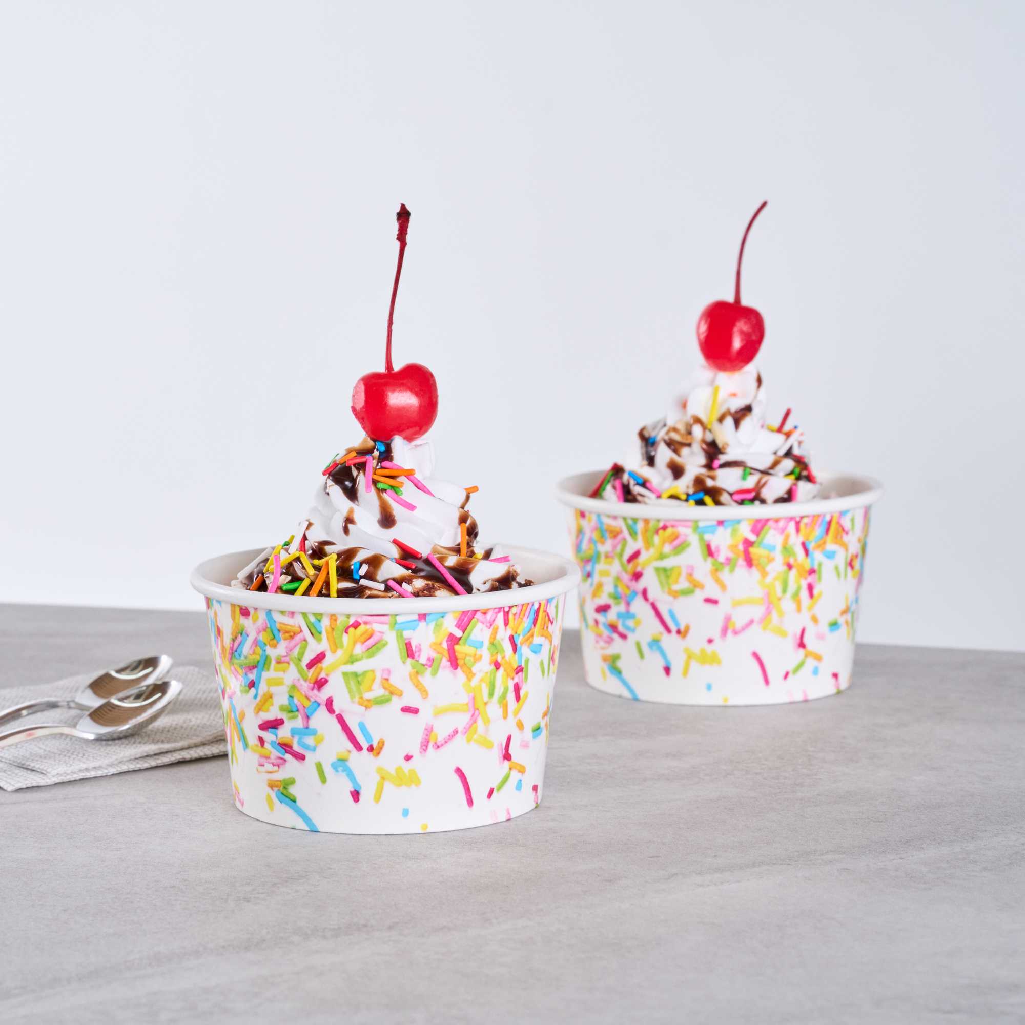 Coppetta 8 oz Round White Paper To Go Cup - with Party Sprinkles - 3 3/4" x 3 3/4" x 2 1/4" - 50 count box