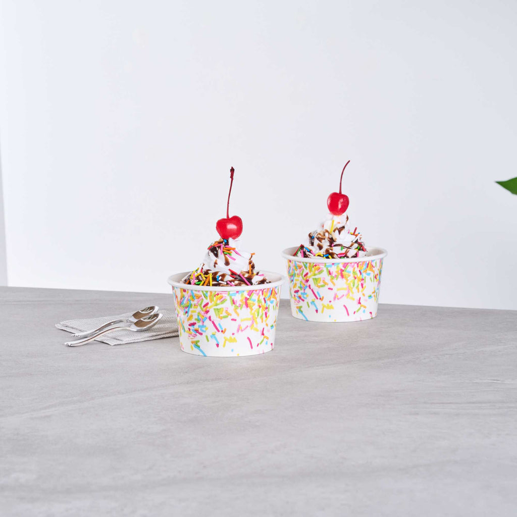 Coppetta 8 oz Round White Paper To Go Cup - with Party Sprinkles - 3 3/4" x 3 3/4" x 2 1/4" - 50 count box