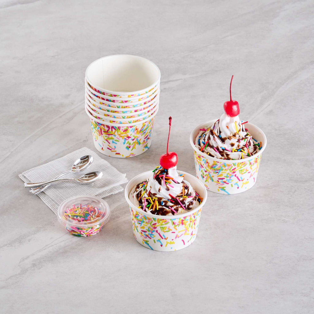 Coppetta 8 oz Round White Paper To Go Cup - with Party Sprinkles - 3 3/4" x 3 3/4" x 2 1/4" - 50 count box
