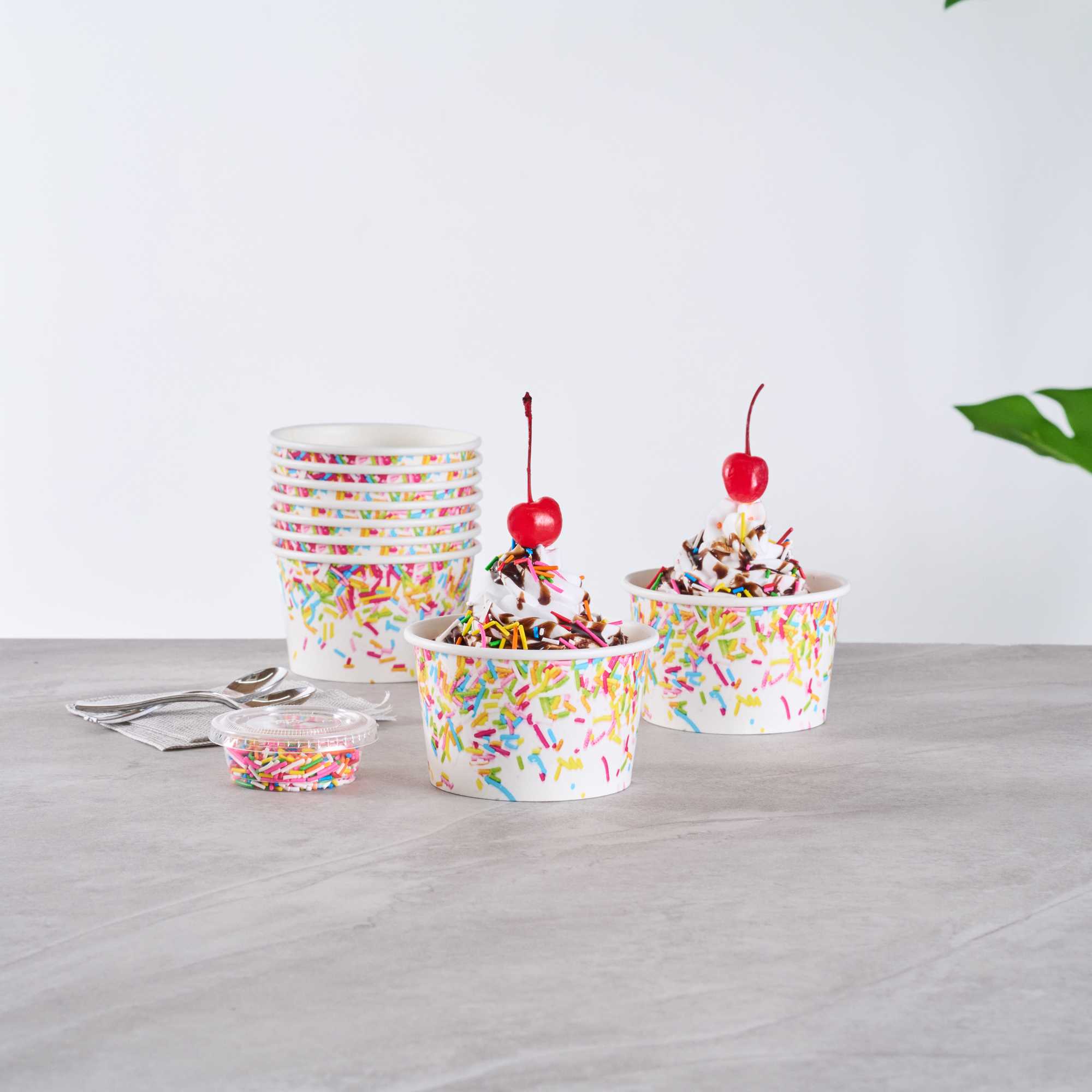 Coppetta 8 oz Round White Paper To Go Cup - with Party Sprinkles - 3 3/4" x 3 3/4" x 2 1/4" - 50 count box