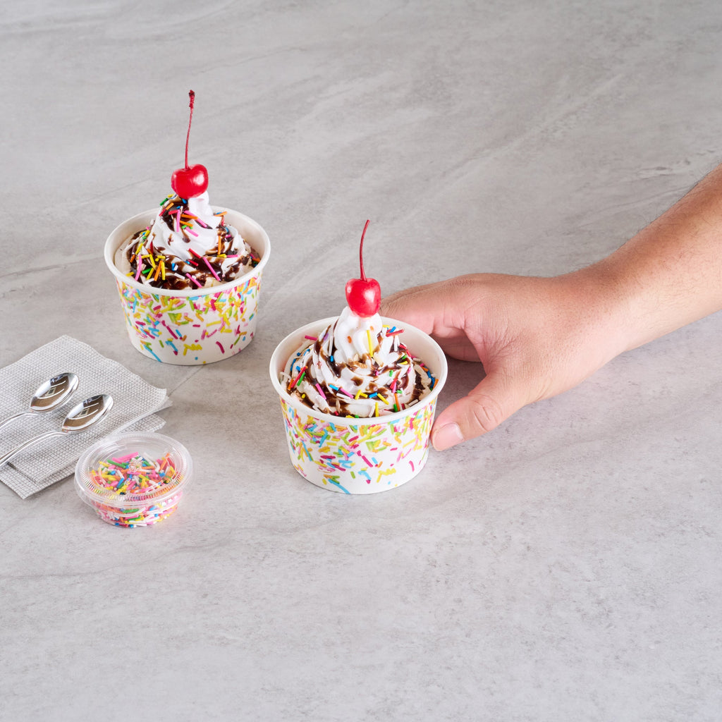 Coppetta 8 oz Round White Paper To Go Cup - with Party Sprinkles - 3 3/4" x 3 3/4" x 2 1/4" - 200 count box