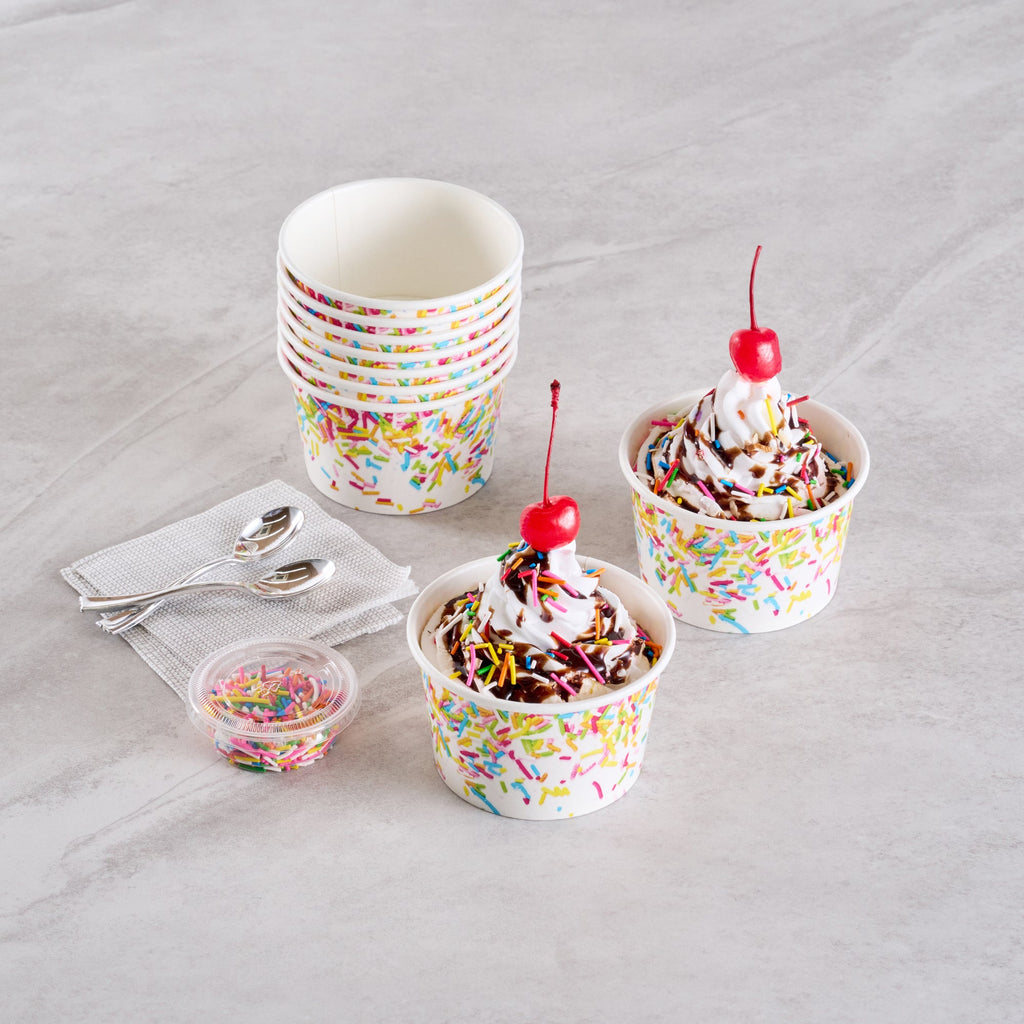 Coppetta 8 oz Round White Paper To Go Cup - with Party Sprinkles - 3 3/4" x 3 3/4" x 2 1/4" - 200 count box