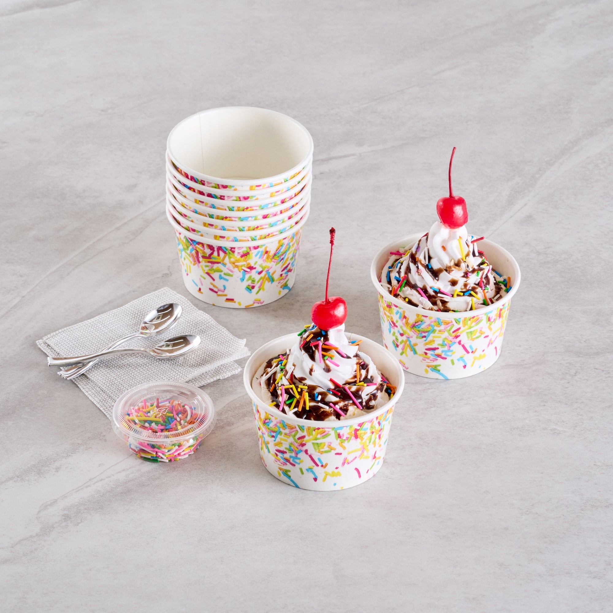 Coppetta 8 oz Round White Paper To Go Cup - with Party Sprinkles - 3 3/4" x 3 3/4" x 2 1/4" - 200 count box