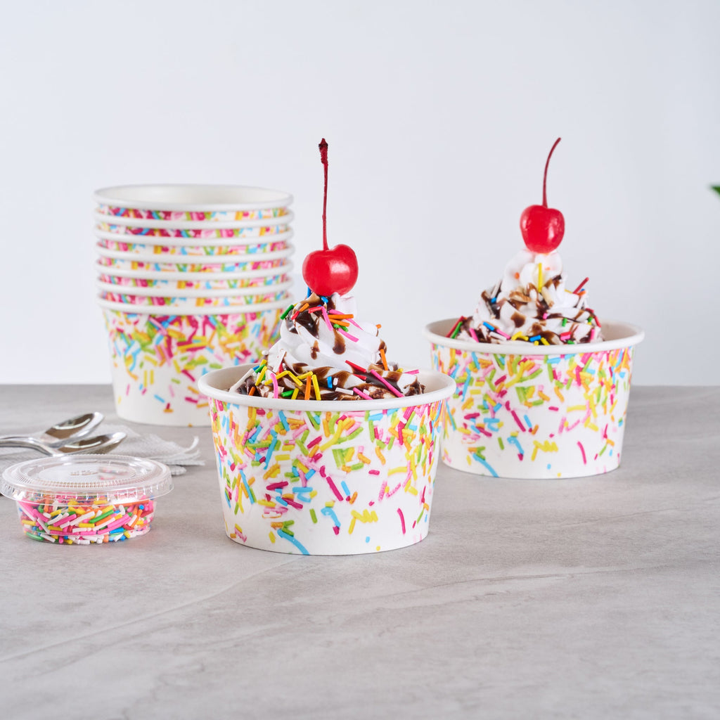 Coppetta 8 oz Round White Paper To Go Cup - with Party Sprinkles - 3 3/4" x 3 3/4" x 2 1/4" - 200 count box