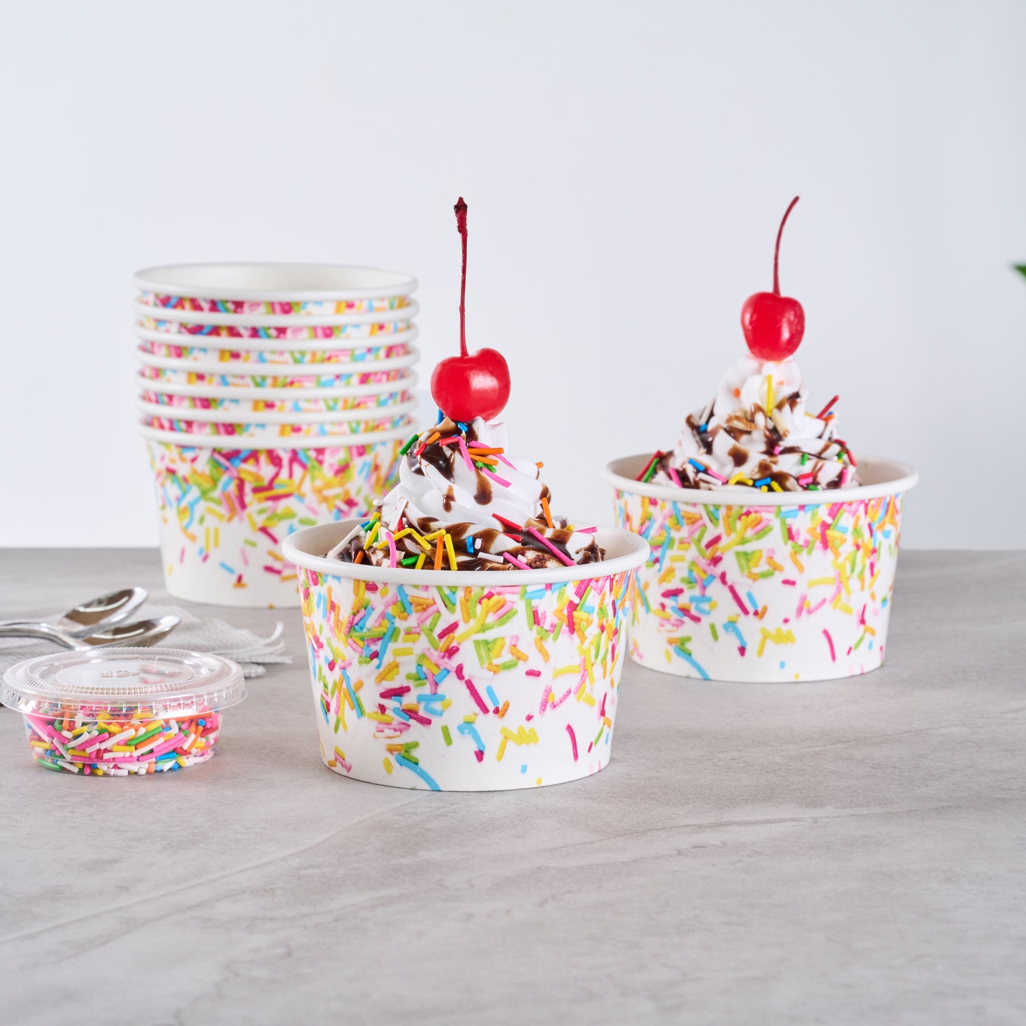 Coppetta 8 oz Round White Paper To Go Cup - with Party Sprinkles - 3 3/4" x 3 3/4" x 2 1/4" - 200 count box