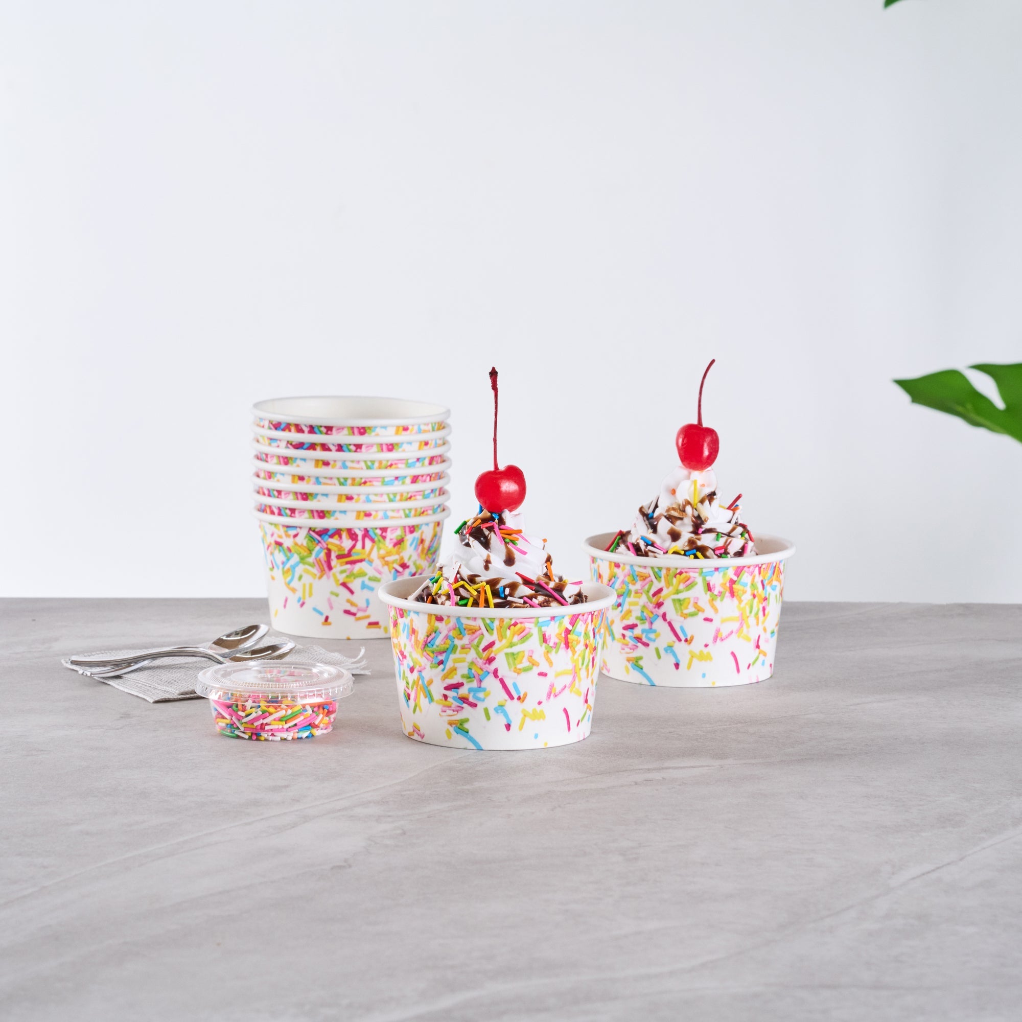 Coppetta 8 oz Round White Paper To Go Cup - with Party Sprinkles - 3 3/4" x 3 3/4" x 2 1/4" - 200 count box