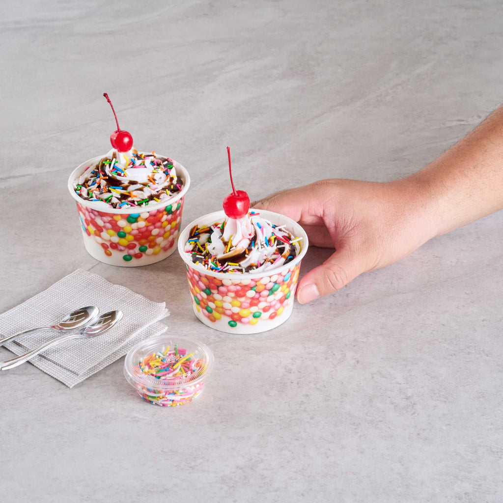 Coppetta 8 oz Round White Paper To Go Cup - with Round Sprinkles - 3 3/4" x 3 3/4" x 2 1/4" - 50 count box