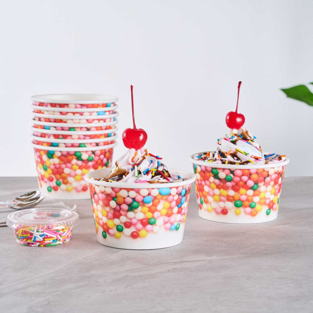 Coppetta 8 oz Round White Paper To Go Cup - with Round Sprinkles - 3 3/4" x 3 3/4" x 2 1/4" - 50 count box