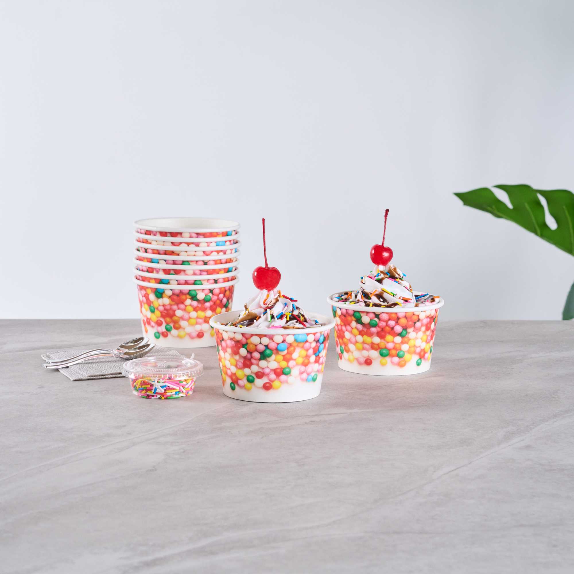 Coppetta 8 oz Round White Paper To Go Cup - with Round Sprinkles - 3 3/4" x 3 3/4" x 2 1/4" - 50 count box