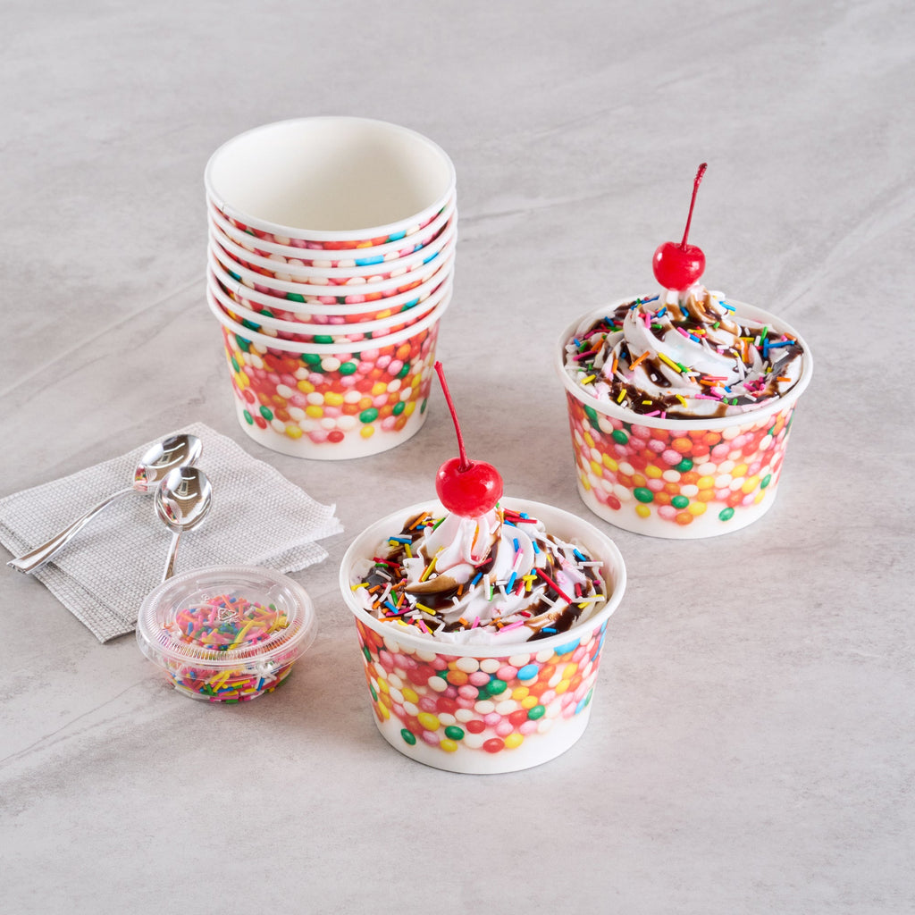 Coppetta 8 oz Round White Paper To Go Cup - with Round Sprinkles - 3 3/4" x 3 3/4" x 2 1/4" - 200 count box