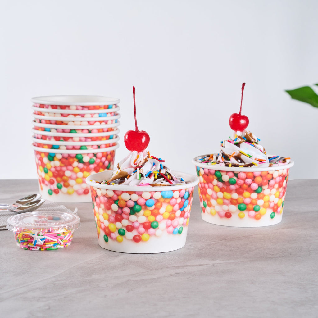 Coppetta 8 oz Round White Paper To Go Cup - with Round Sprinkles - 3 3/4" x 3 3/4" x 2 1/4" - 200 count box