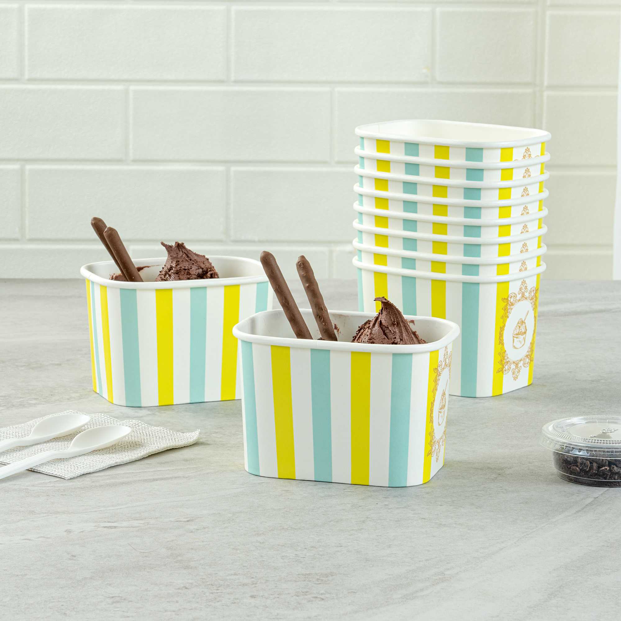 Coppetta 12 oz Square Blue And Green Stripe Paper To Go Cup - 4 1/4" x 3 1/4" x 2 3/4" - 50 count box