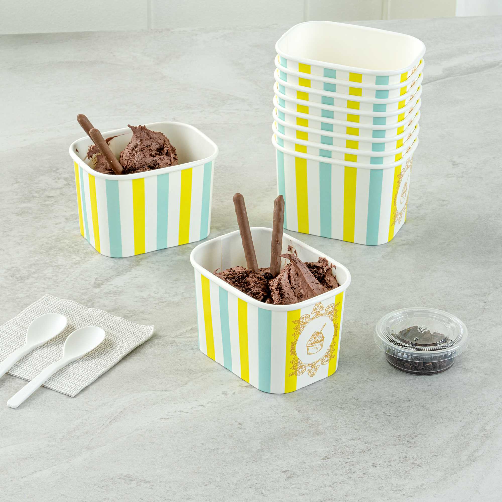 Coppetta 12 oz Square Blue And Green Stripe Paper To Go Cup - 4 1/4" x 3 1/4" x 2 3/4" - 50 count box