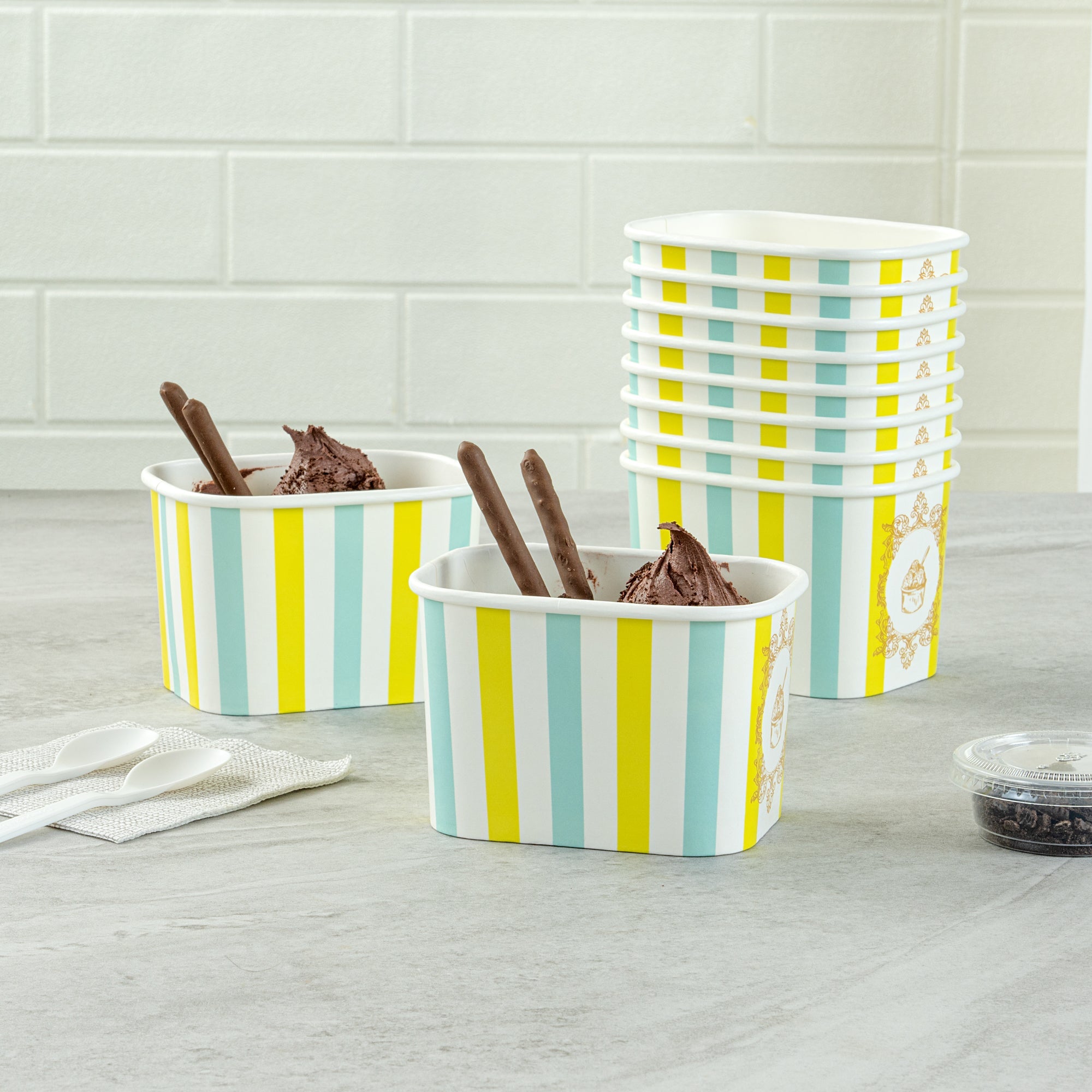 Coppetta 12 oz Square Blue And Green Stripe Paper To Go Cup - 4 1/4" x 3 1/4" x 2 3/4" - 200 count box