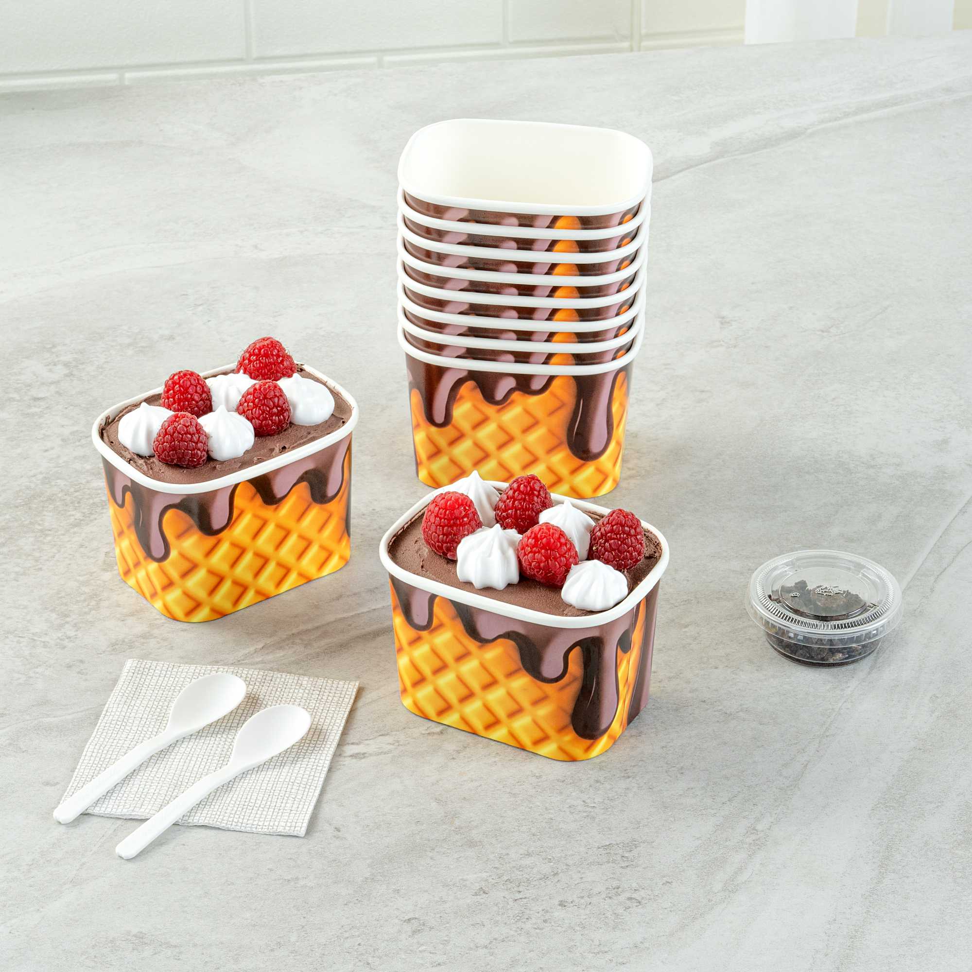 Coppetta 12 oz Square Chocolate Drizzle Paper To Go Cup - 4 1/4" x 3 1/4" x 2 3/4" - 50 count box