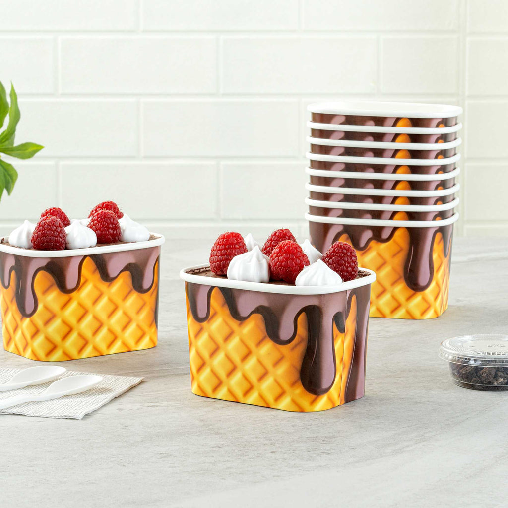 Coppetta 12 oz Square Chocolate Drizzle Paper To Go Cup - 4 1/4" x 3 1/4" x 2 3/4" - 50 count box