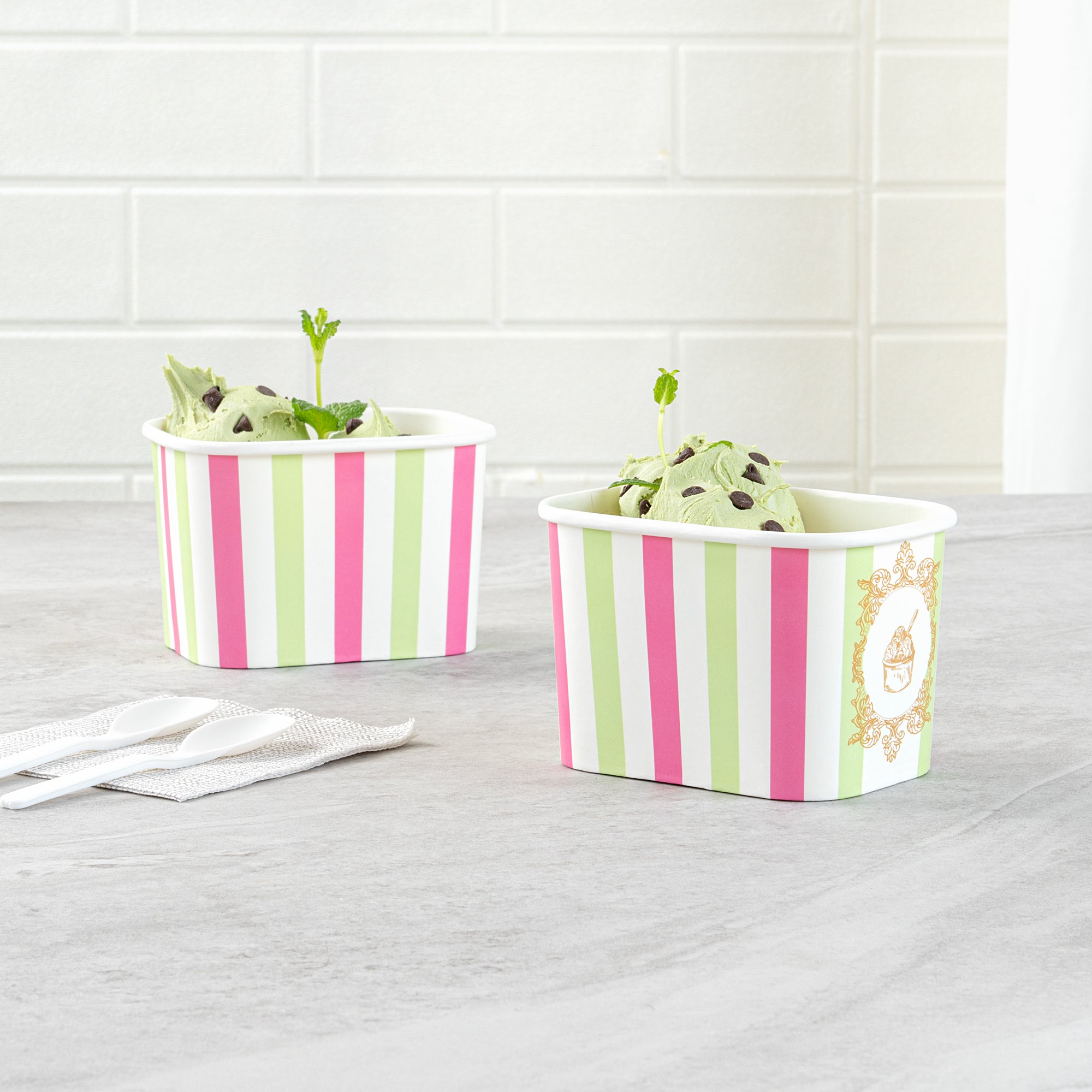 Coppetta 12 oz Square Green And Pink Stripe Paper To Go Cup - 4 1/4" x 3 1/4" x 2 3/4" - 200 count box