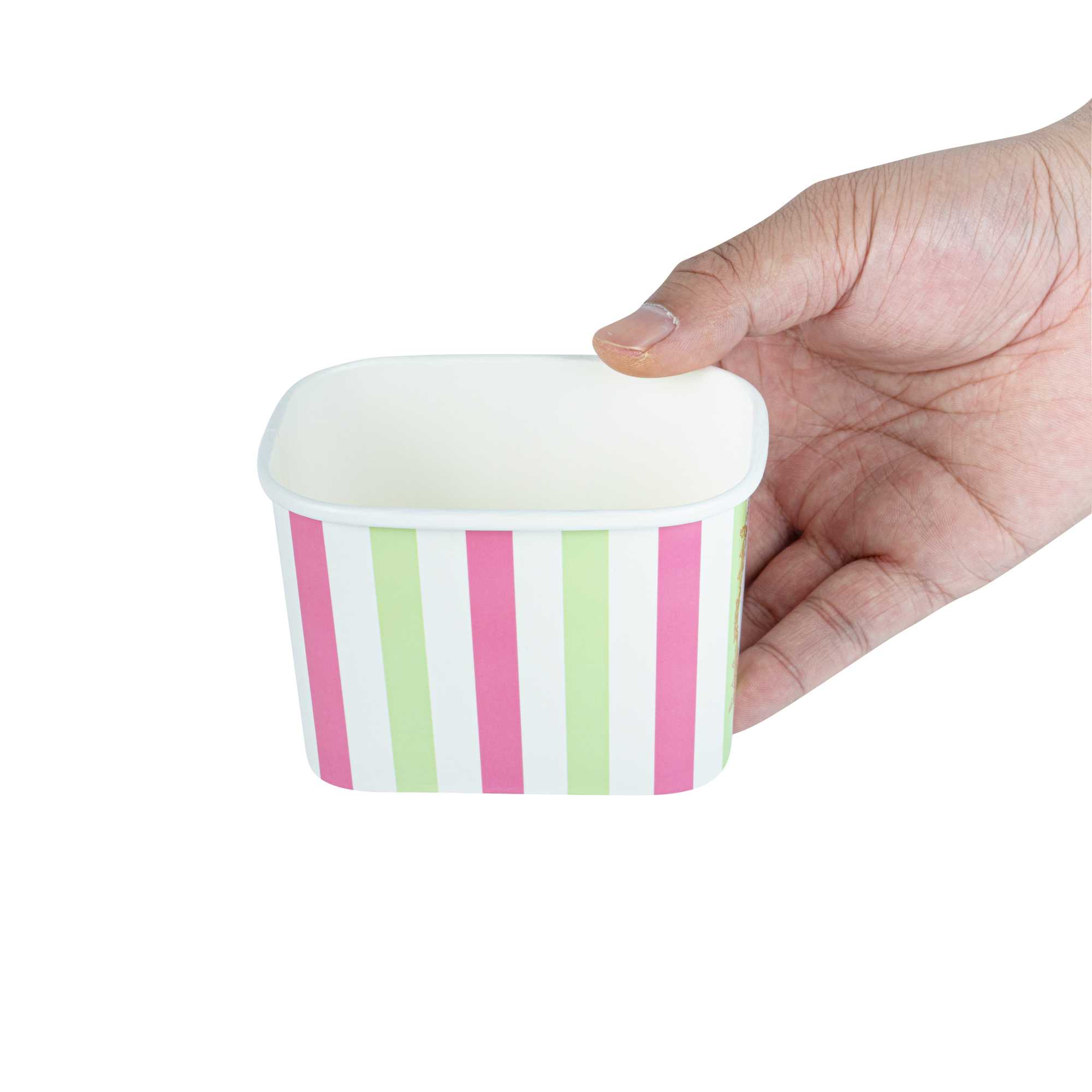 Coppetta 12 oz Square Green And Pink Stripe Paper To Go Cup - 4 1/4" x 3 1/4" x 2 3/4" - 50 count box