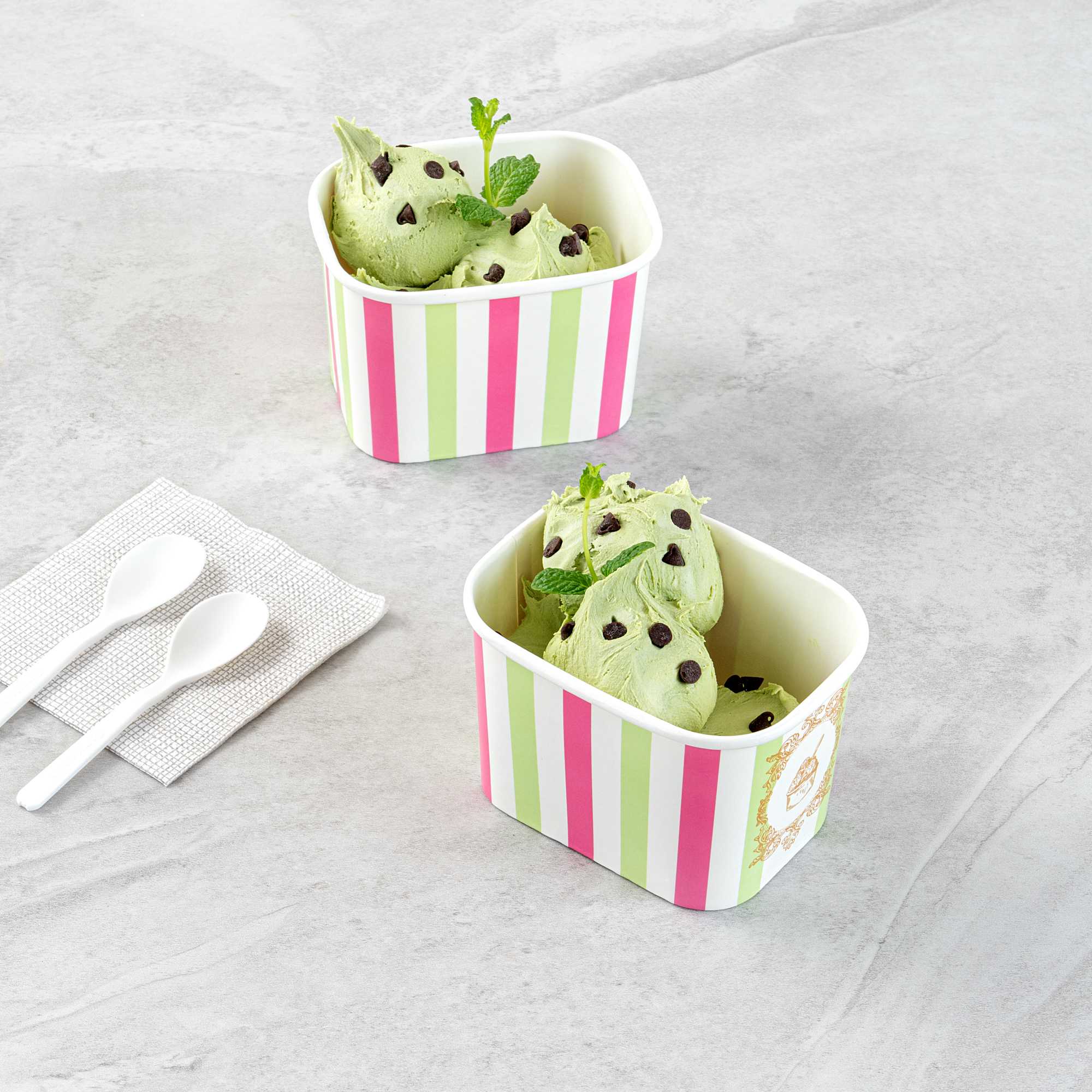 Coppetta 12 oz Square Green And Pink Stripe Paper To Go Cup - 4 1/4" x 3 1/4" x 2 3/4" - 50 count box