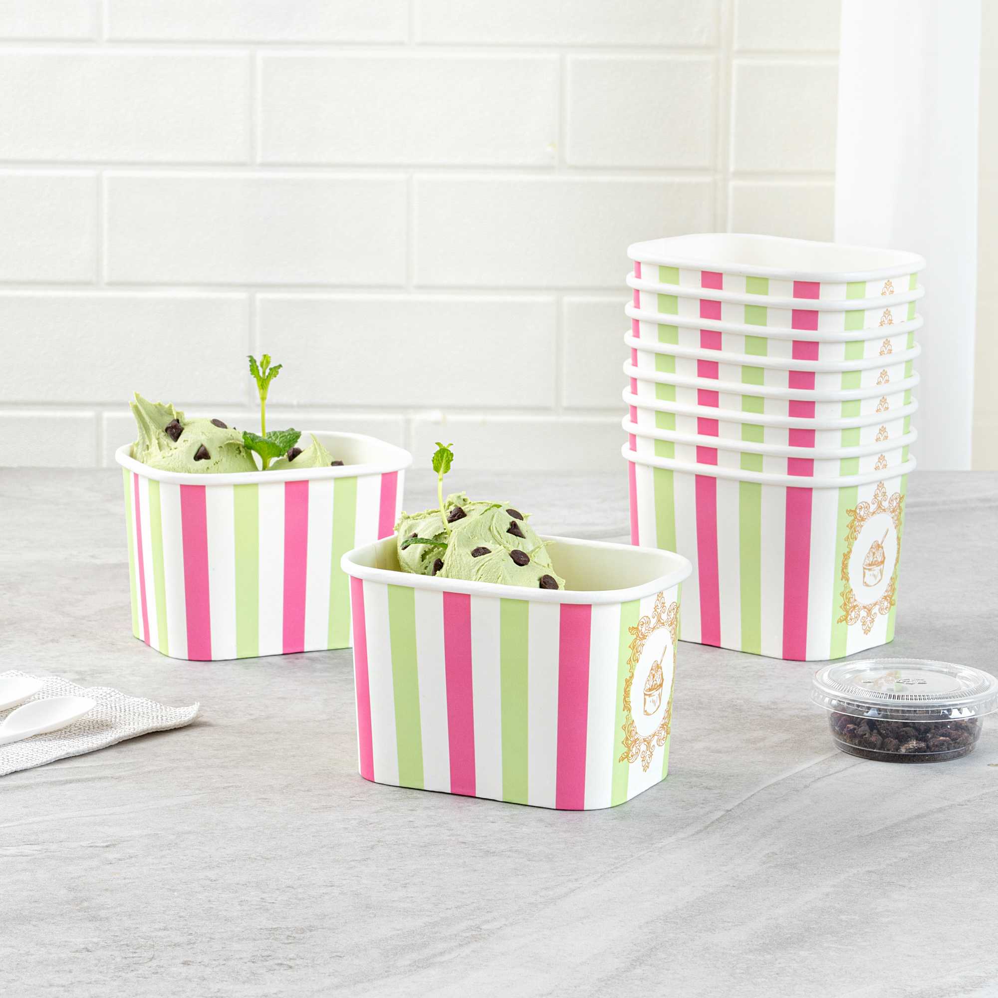 Coppetta 12 oz Square Green And Pink Stripe Paper To Go Cup - 4 1/4" x 3 1/4" x 2 3/4" - 50 count box