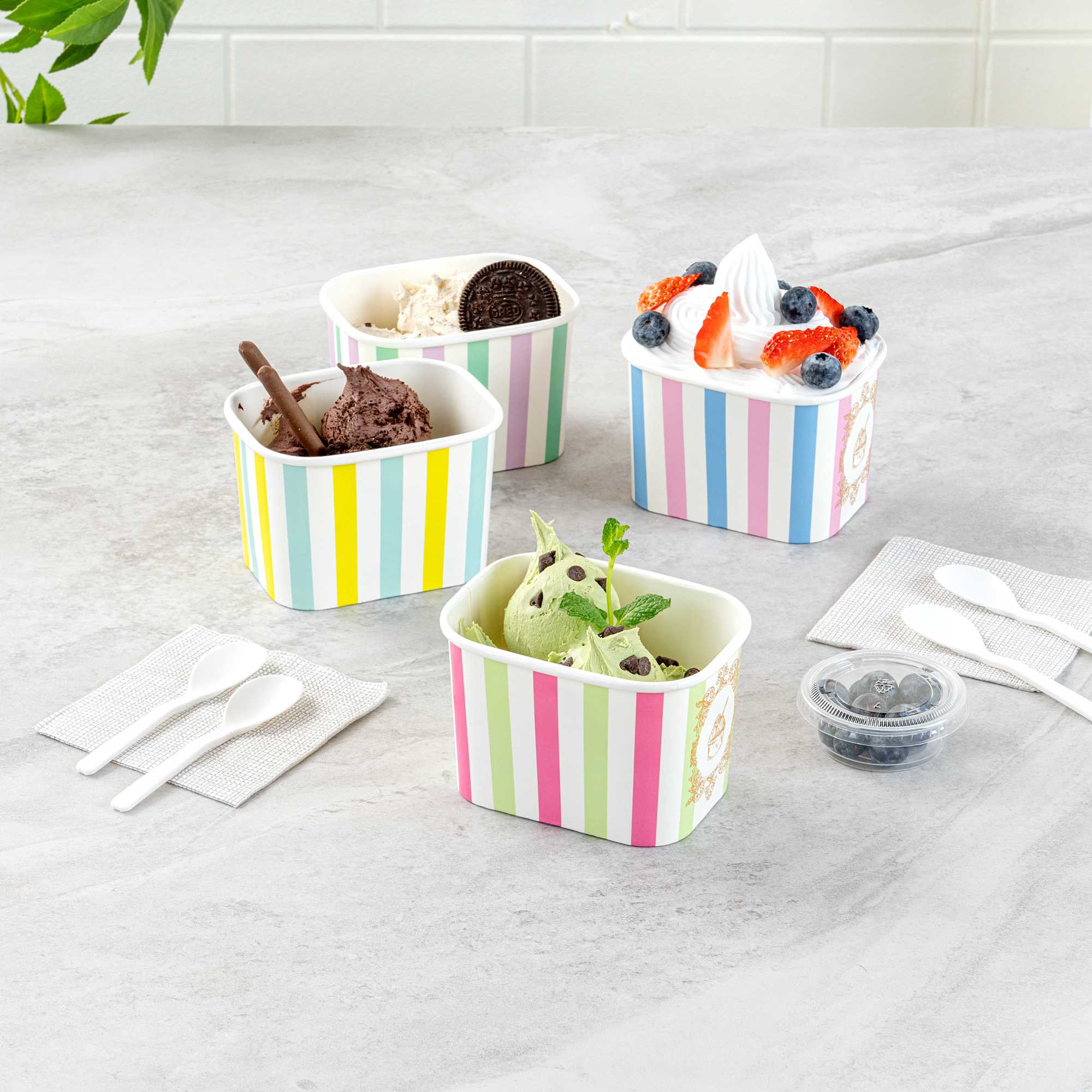 Coppetta 12 oz Square Green And Pink Stripe Paper To Go Cup - 4 1/4" x 3 1/4" x 2 3/4" - 50 count box